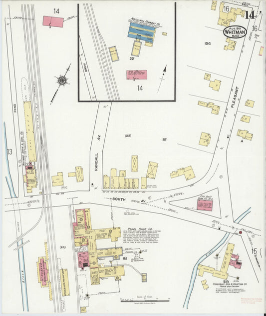 Sanborn Fire Insurance Map from Whitman, Plymouth County, Massachusetts (1919), Sheet #0014 - Historic Sanborn Fire Insurance Map Print, vintage old map wall art, antique decor, genealogy gift, Massachusetts Massachusetts map