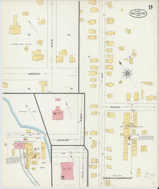 Sanborn Fire Insurance Map from Wallingford, New Haven County, Connecticut (1904), Sheet #0009 - Historic Sanborn Fire Insurance Map Print, vintage old map wall art, antique decor, genealogy gift, Connecticut Connecticut map