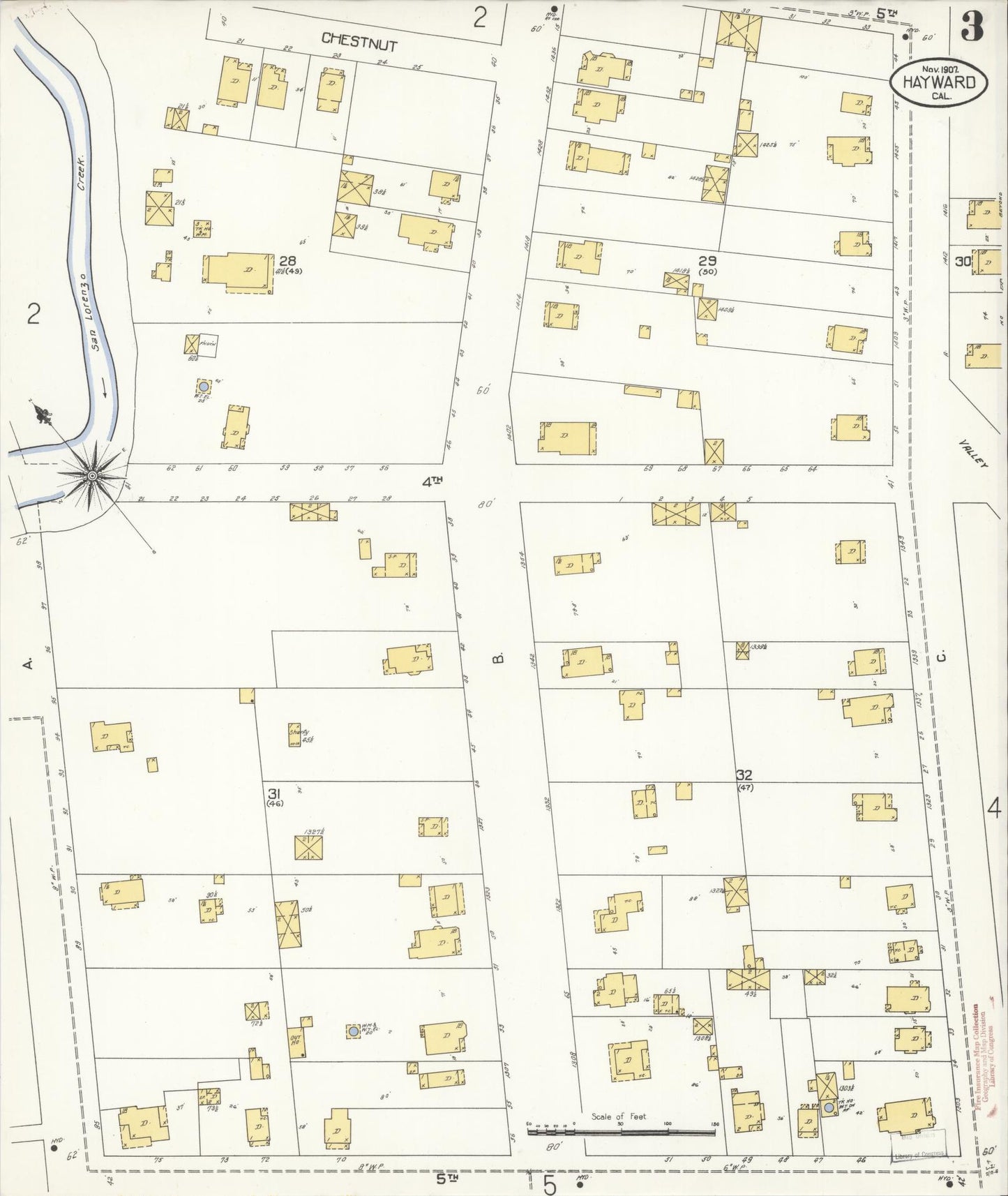 Sanborn Fire Insurance Map from Hayward, Alameda County, California (1907), Sheet #0003 - Historic Sanborn Fire Insurance Map Print, vintage old map wall art, antique decor, genealogy gift, California California map
