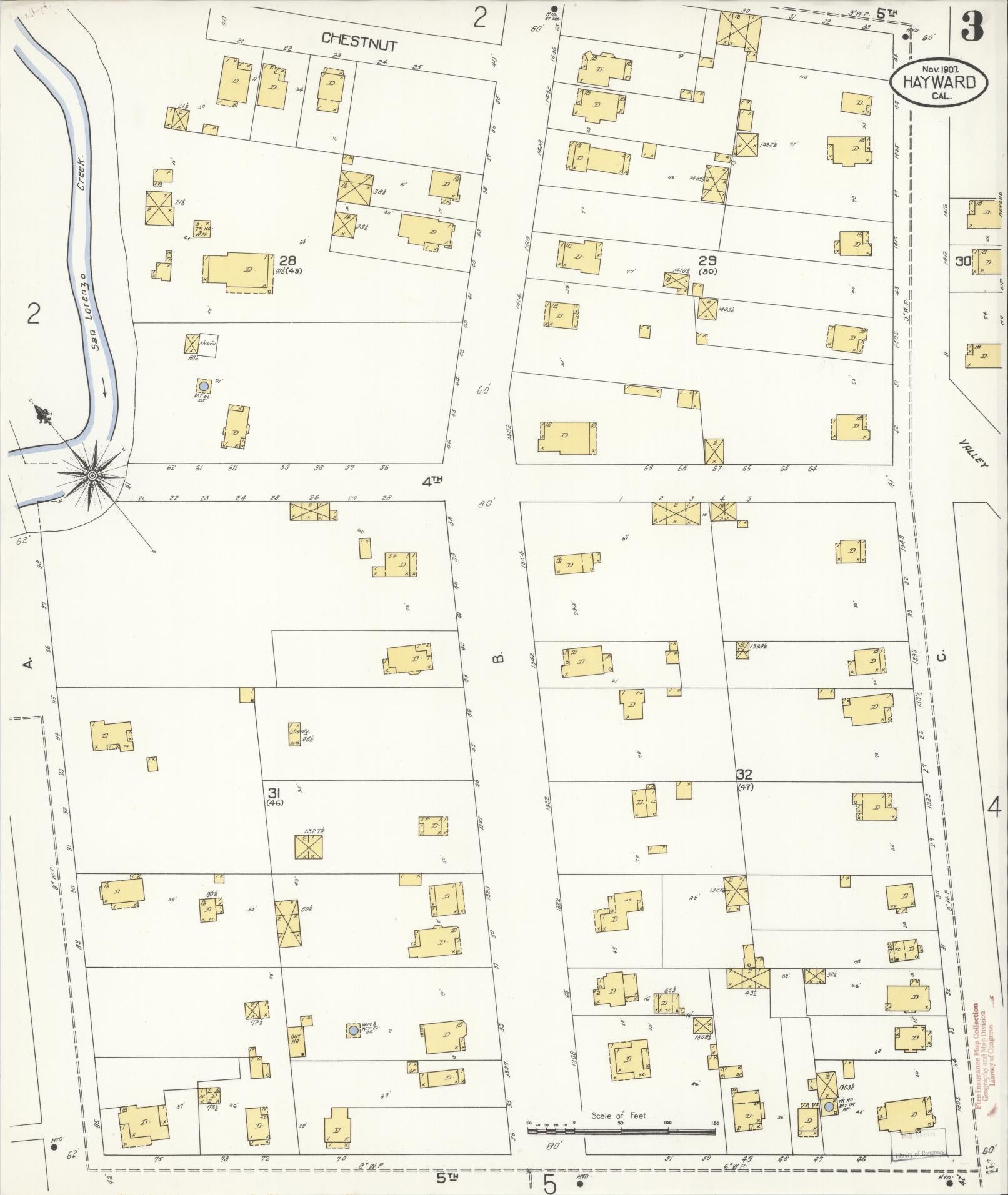 Sanborn Fire Insurance Map from Hayward, Alameda County, California (1907), Sheet #0003 - Historic Sanborn Fire Insurance Map Print, vintage old map wall art, antique decor, genealogy gift, California California map