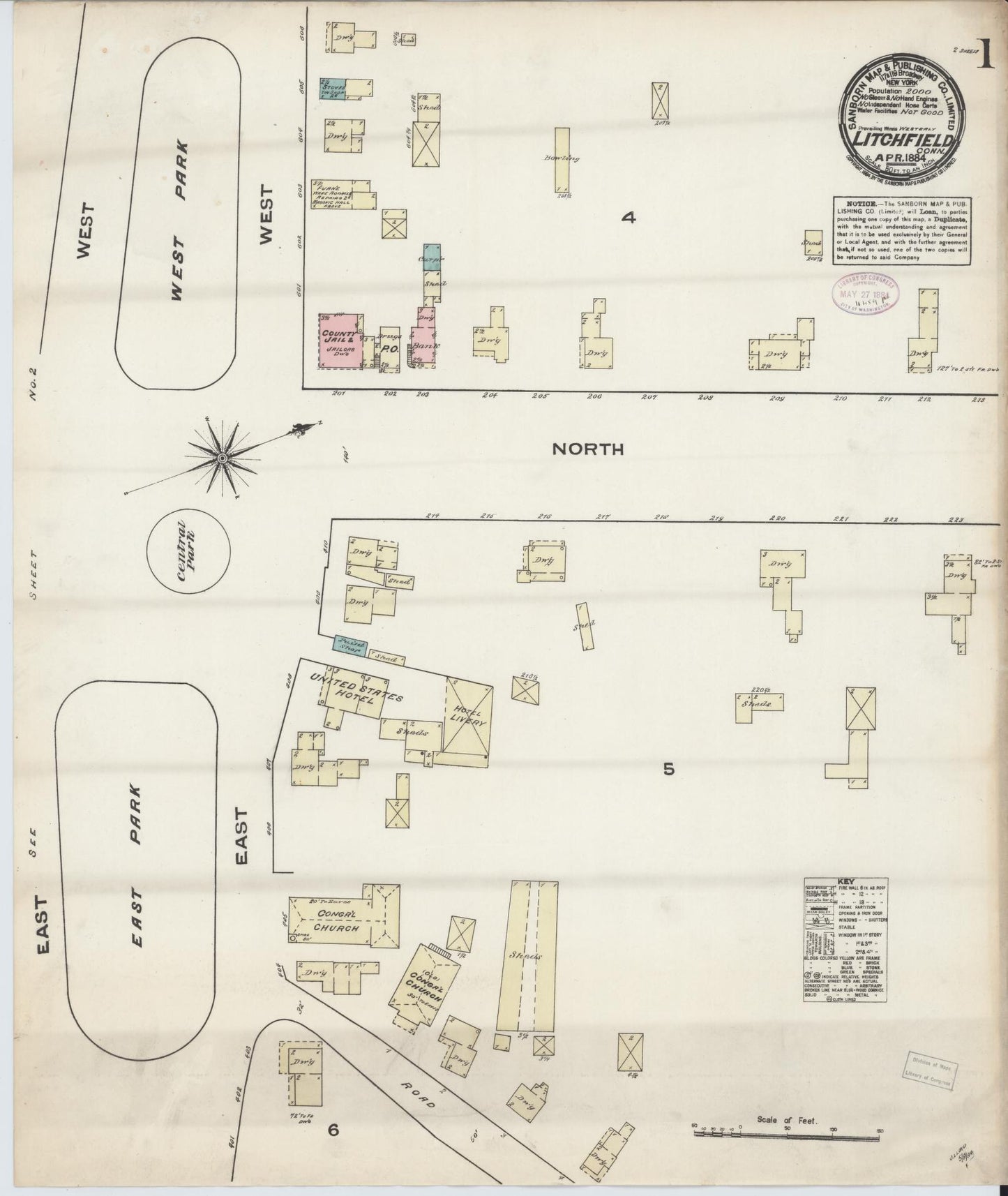 Sanborn Fire Insurance Map from Litchfield, Litchfield County, Connecticut (1884), Sheet #0001 - Complete Map Set gallery image, historic Sanborn map, vintage wall art, Connecticut Connecticut