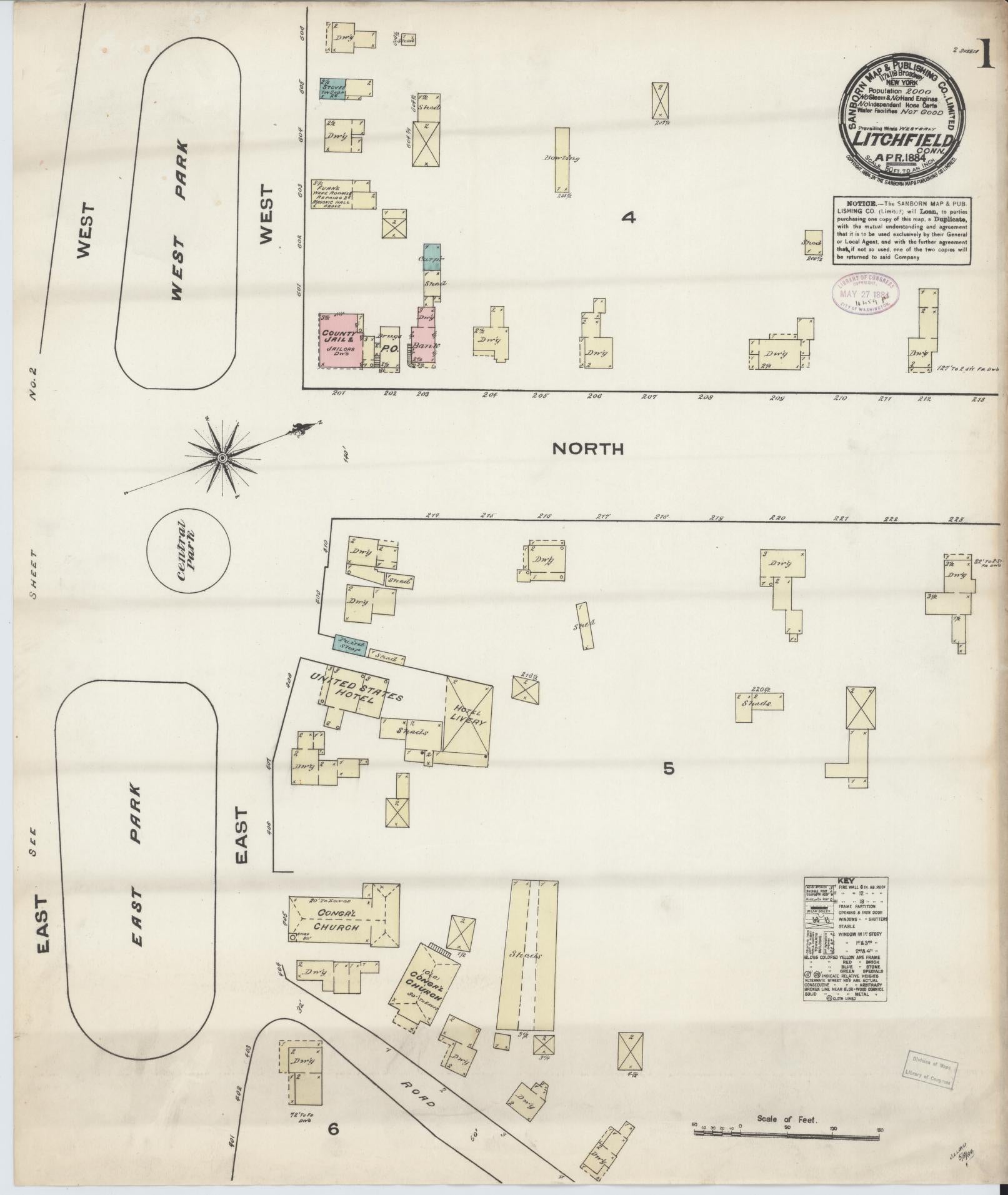 Sanborn Fire Insurance Map from Litchfield, Litchfield County, Connecticut (1884), Sheet #0001 - Complete Map Set gallery image, historic Sanborn map, vintage wall art, Connecticut Connecticut