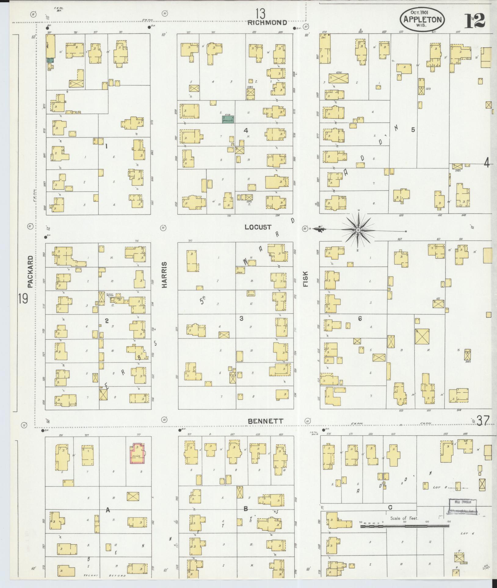 Sanborn Fire Insurance Map from Appleton, Outagamie County, Wisconsin (1901), Sheet #0012 - Complete Map Set gallery image, historic Sanborn map, vintage wall art, Wisconsin Wisconsin