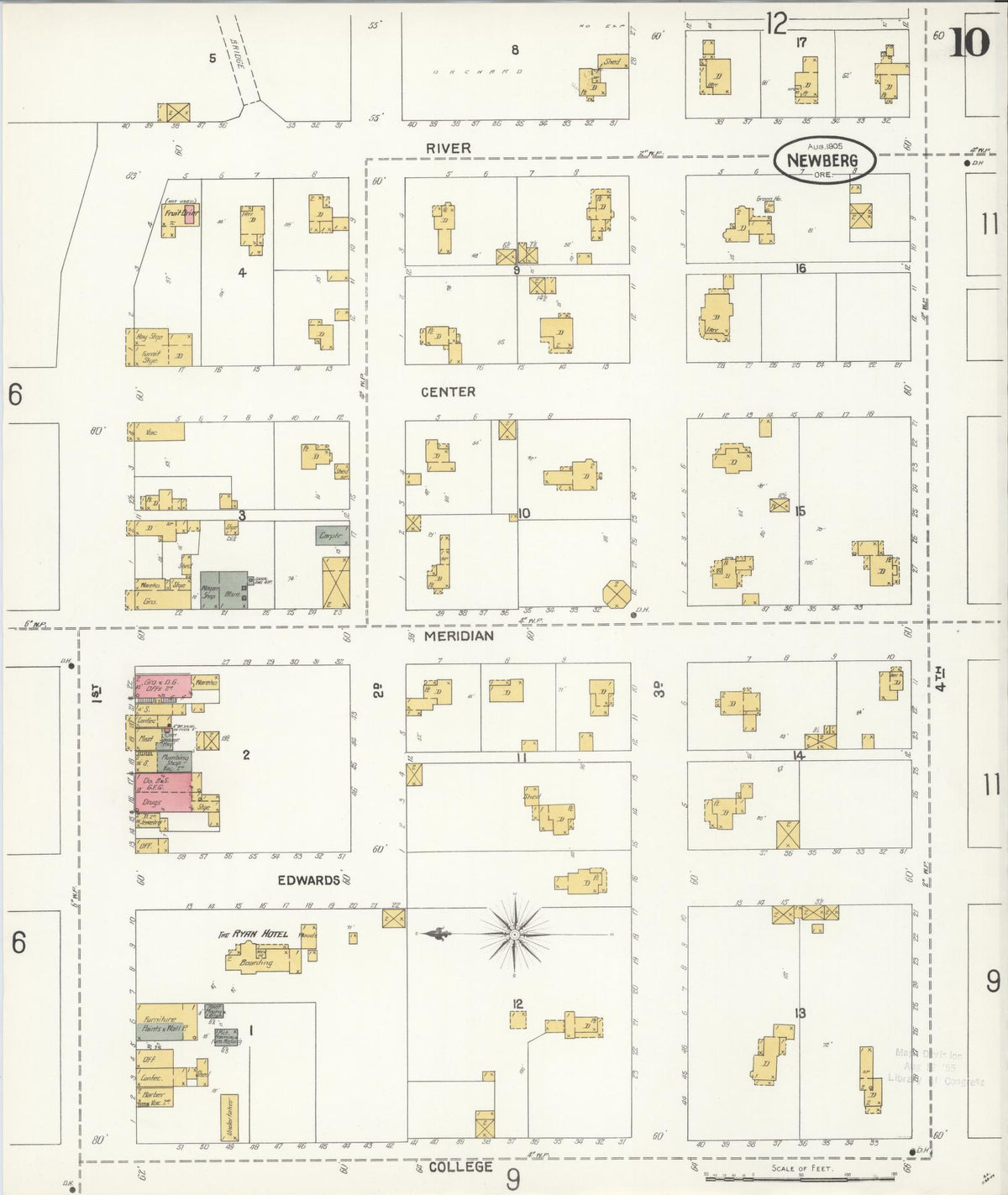 Sanborn Fire Insurance Map from Newberg, Yamhill County, Oregon (1905), Sheet #0010 - Historic Sanborn Fire Insurance Map Print, vintage old map wall art, antique decor, genealogy gift, Oregon Oregon map