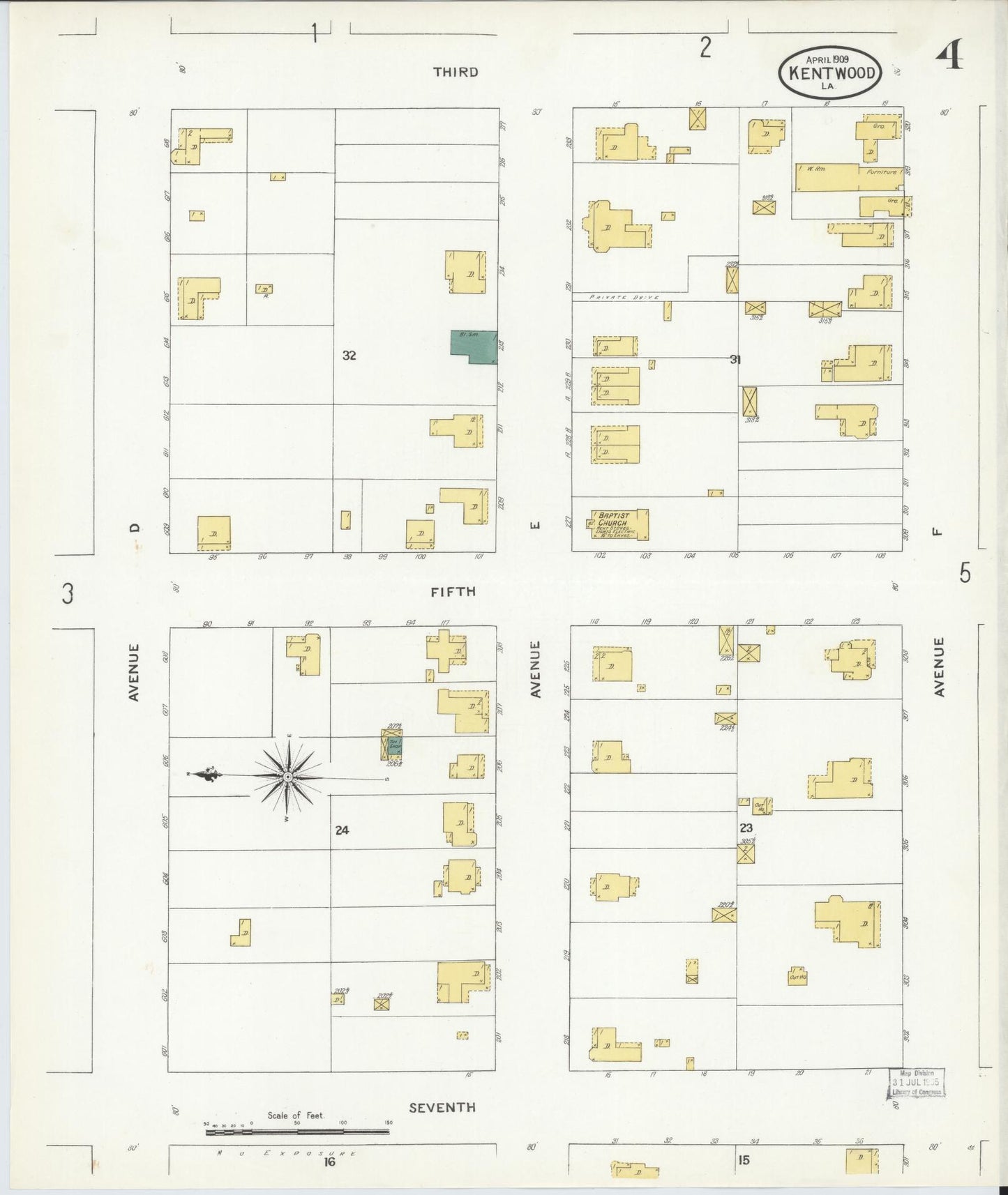 Sanborn Fire Insurance Map from Kentwood, Tangipahoa Parish, Louisiana (1909), Sheet #0004 - Historic Sanborn Fire Insurance Map Print, vintage old map wall art, antique decor, genealogy gift, Louisiana Louisiana map