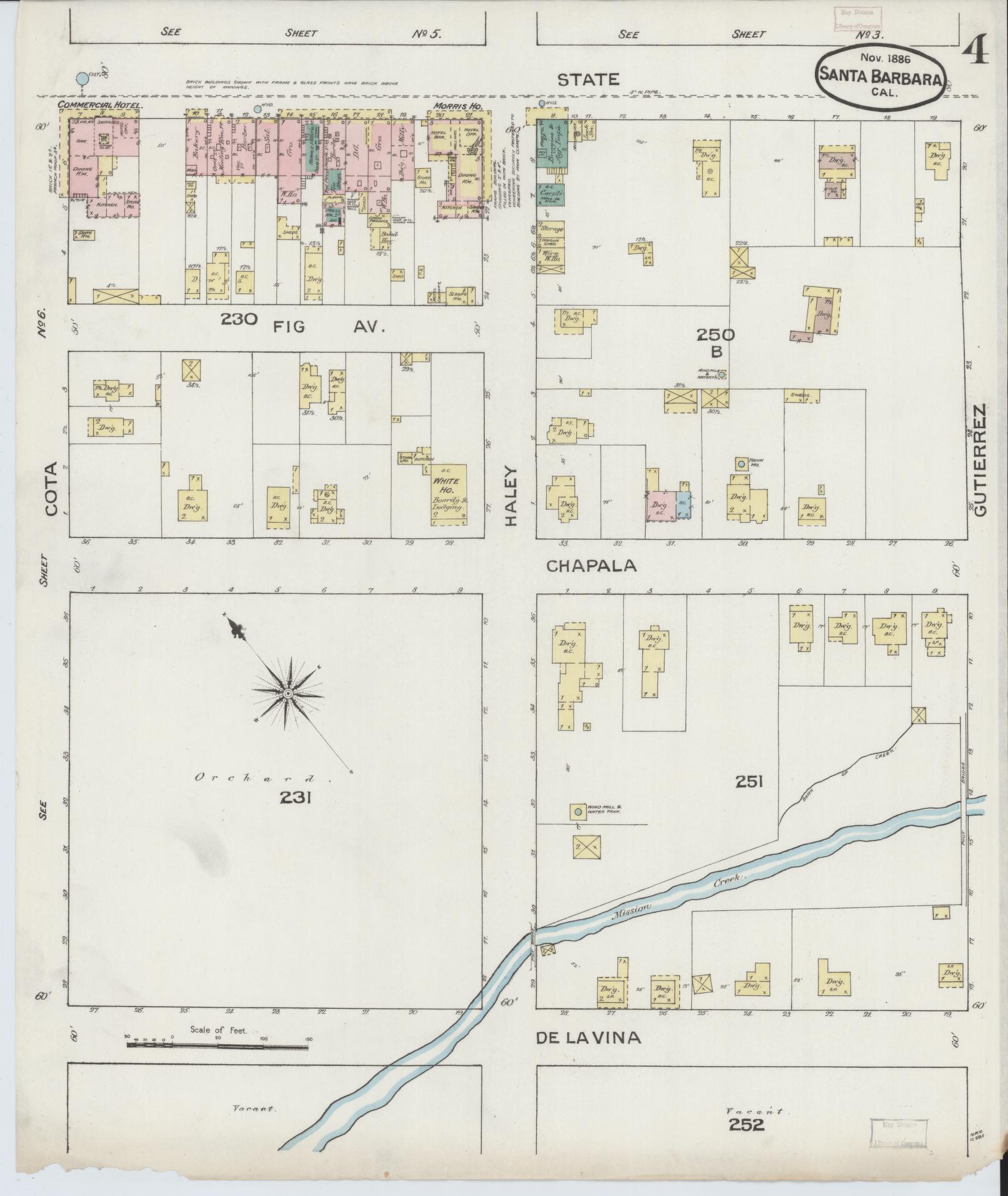 Sanborn Fire Insurance Map from Santa Barbara, Santa Barbara County, California (1886), Sheet #0004 - Complete Map Set gallery image, historic Sanborn map, vintage wall art, California California