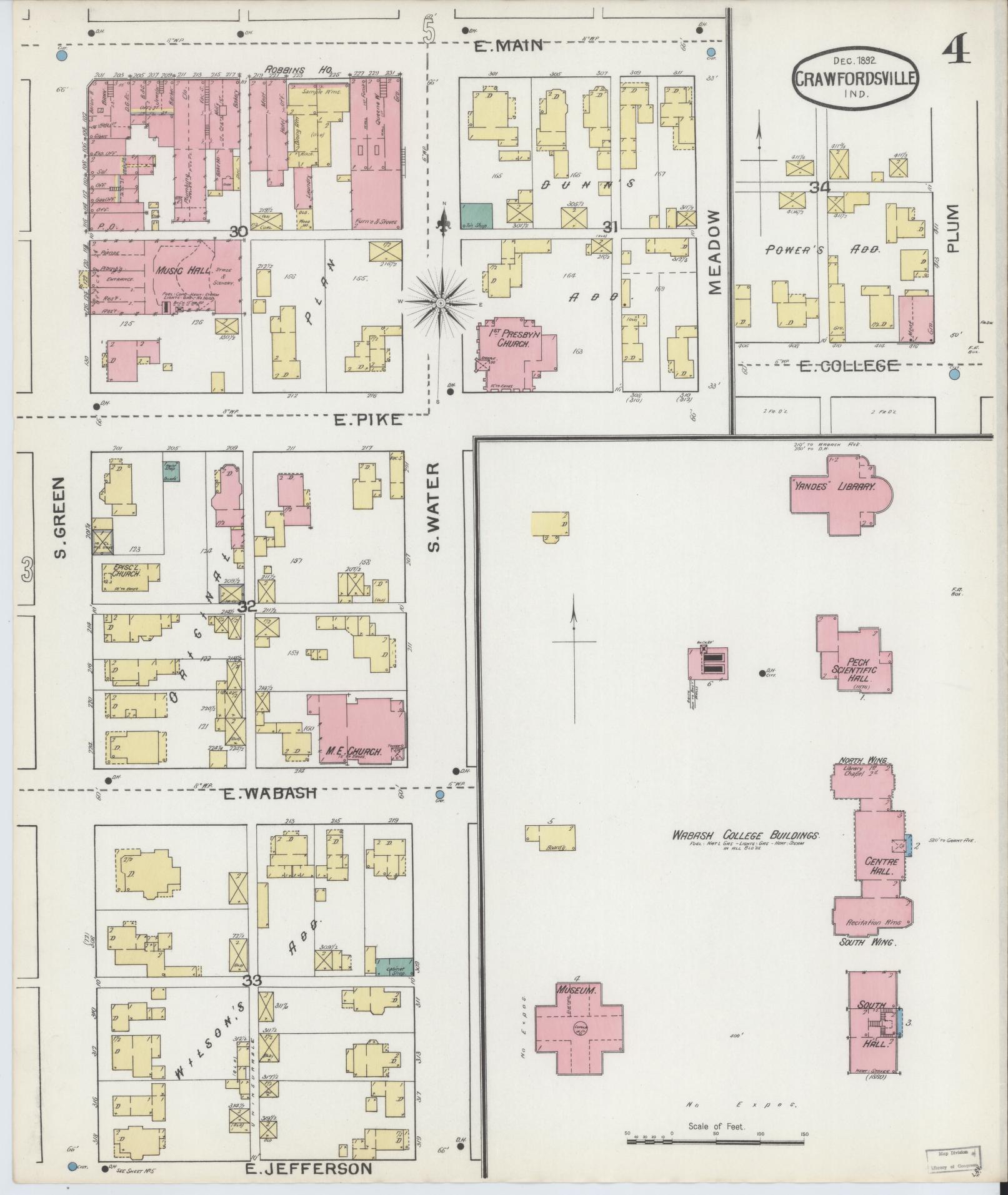Sanborn Fire Insurance Map from Crawfordsville, Montgomery County, Indiana (1892), Sheet #0004 - Complete Map Set gallery image, historic Sanborn map, vintage wall art, Indiana Indiana