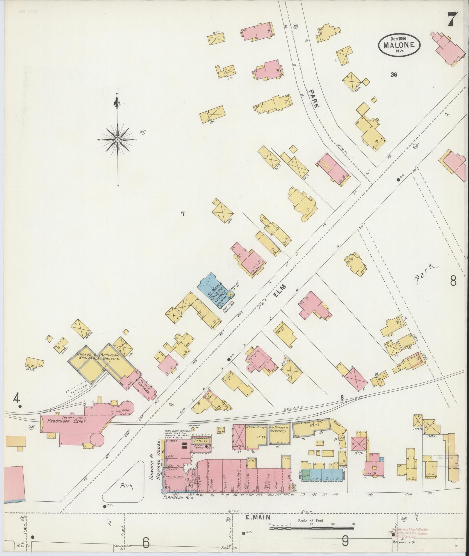 Sanborn Fire Insurance Map from Malone, Franklin County, New York (1898), Sheet #0007 - Historic Sanborn Fire Insurance Map Print, vintage old map wall art, antique decor, genealogy gift, New York New York map