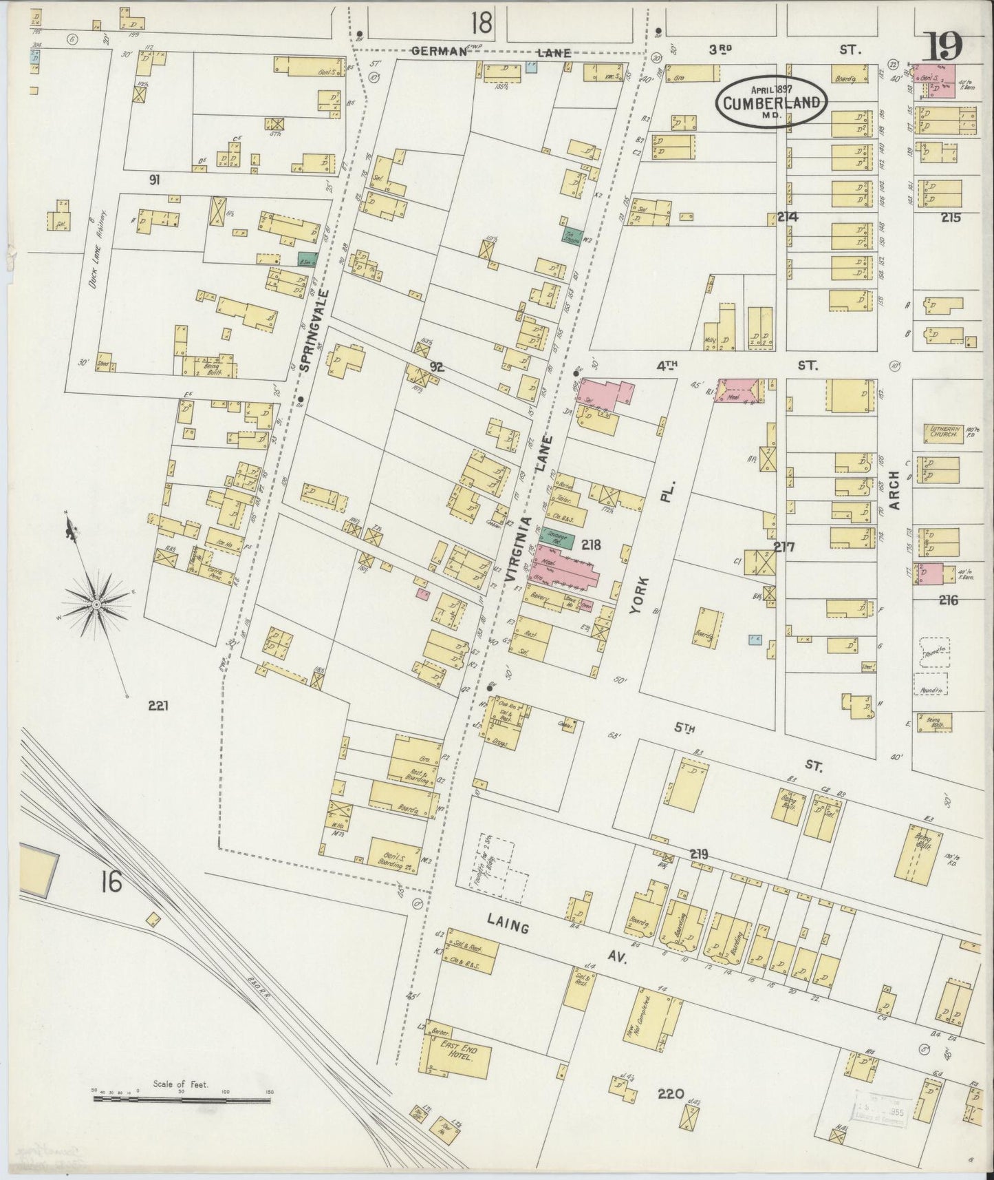Sanborn Fire Insurance Map from Cumberland, Allegany County, Maryland (1897), Sheet #0019 - Historic Sanborn Fire Insurance Map Print, vintage old map wall art, antique decor, genealogy gift, Maryland Maryland map