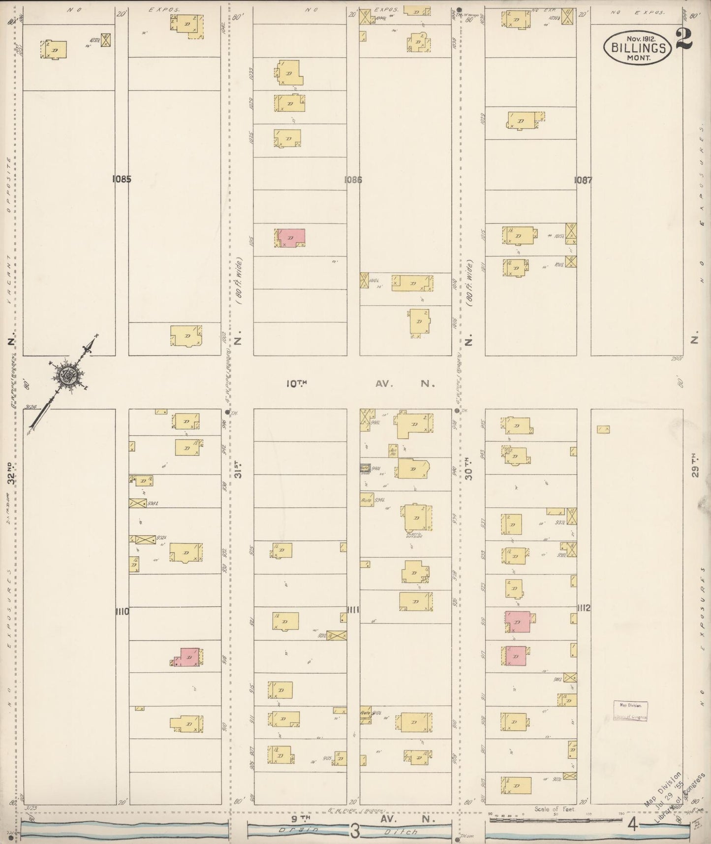 Sanborn Fire Insurance Map from Billings, Yellowstone County, Montana (1912), Sheet #0002 - Historic Sanborn Fire Insurance Map Print, vintage old map wall art, antique decor, genealogy gift, Montana Montana map