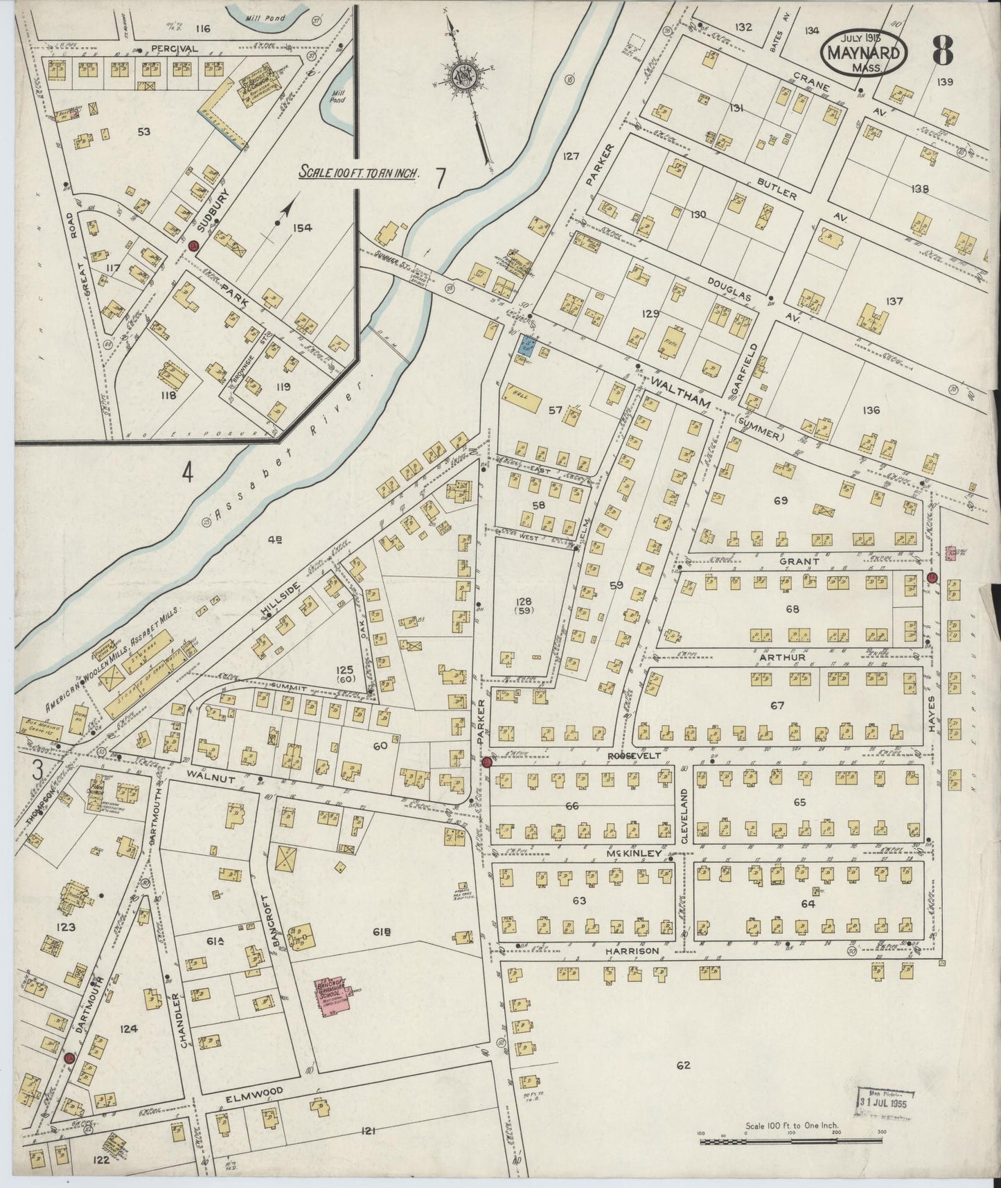 Sanborn Fire Insurance Map from Maynard, Middlesex County, Massachusetts (1915), Sheet #0008 - Historic Sanborn Fire Insurance Map Print, vintage old map wall art, antique decor, genealogy gift, Massachusetts Massachusetts map