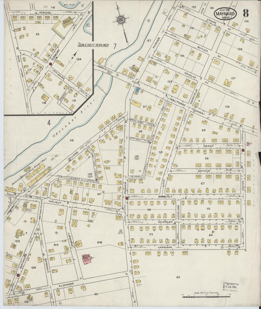 Sanborn Fire Insurance Map from Maynard, Middlesex County, Massachusetts (1915), Sheet #0008 - Historic Sanborn Fire Insurance Map Print, vintage old map wall art, antique decor, genealogy gift, Massachusetts Massachusetts map