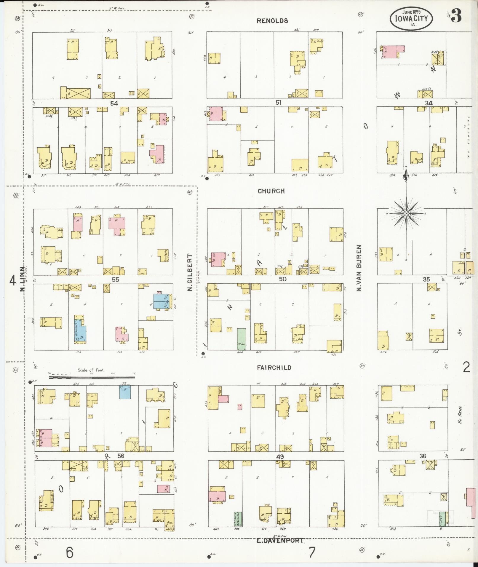 Sanborn Fire Insurance Map from Iowa City, Johnson County, Iowa (1899), Sheet #0003 - Historic Sanborn Fire Insurance Map Print, vintage old map wall art