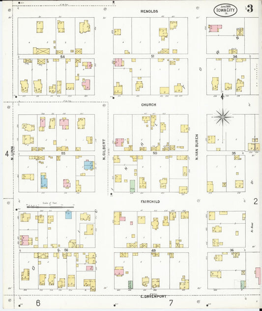 Sanborn Fire Insurance Map from Iowa City, Johnson County, Iowa (1899), Sheet #0003 - Historic Sanborn Fire Insurance Map Print, vintage old map wall art
