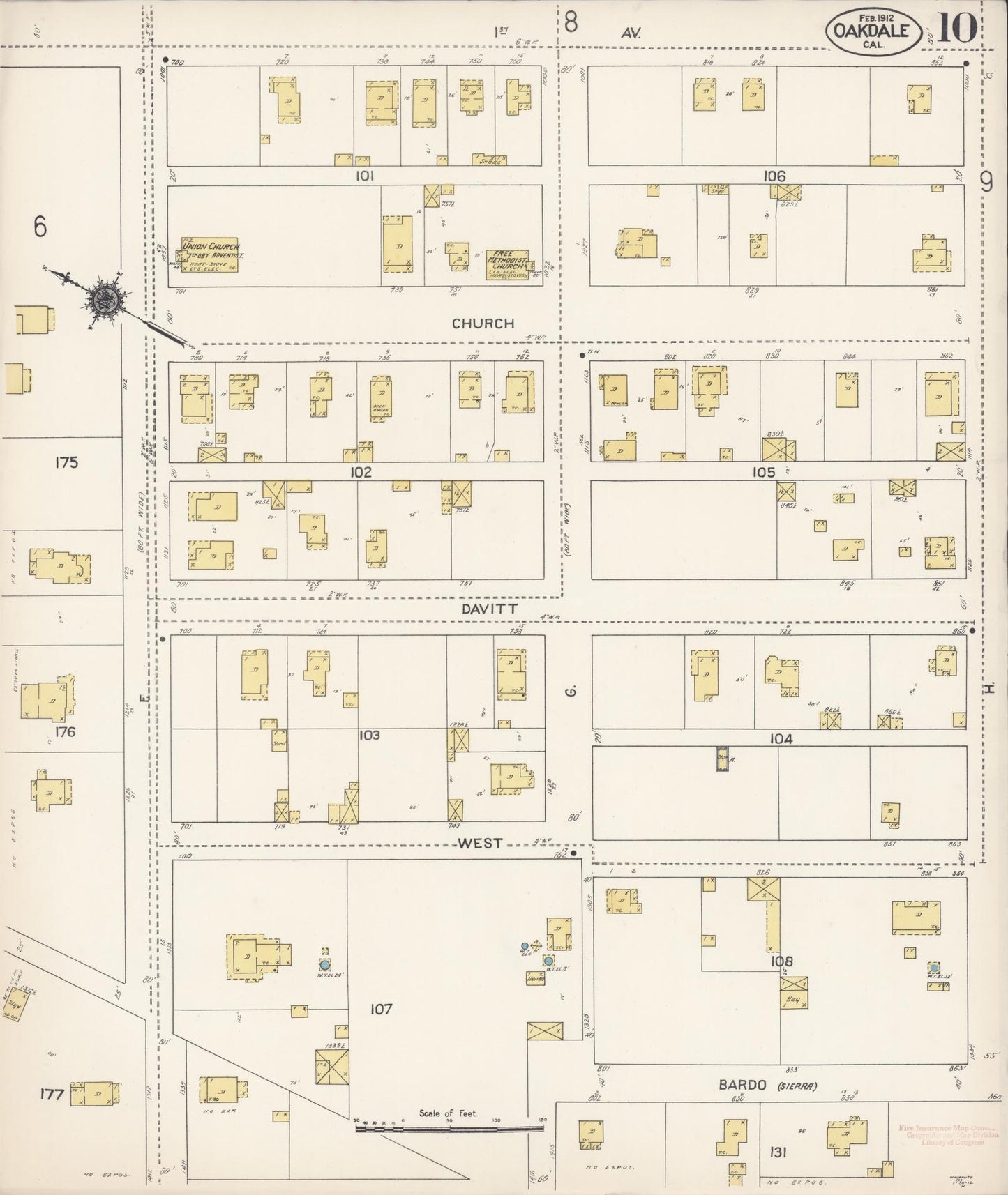 Sanborn Fire Insurance Map from Oakdale, Stanislaus County, California (1912), Sheet #0010 - Historic Sanborn Fire Insurance Map Print, vintage old map wall art, antique decor, genealogy gift, California California map