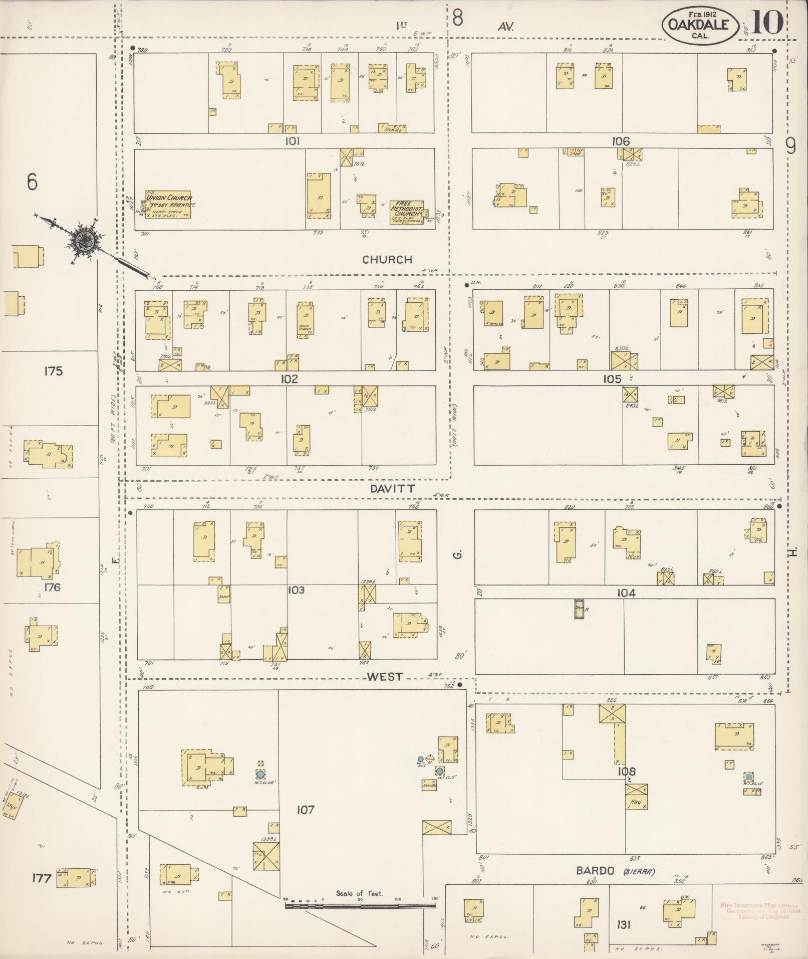 Sanborn Fire Insurance Map from Oakdale, Stanislaus County, California (1912), Sheet #0010 - Historic Sanborn Fire Insurance Map Print, vintage old map wall art, antique decor, genealogy gift, California California map
