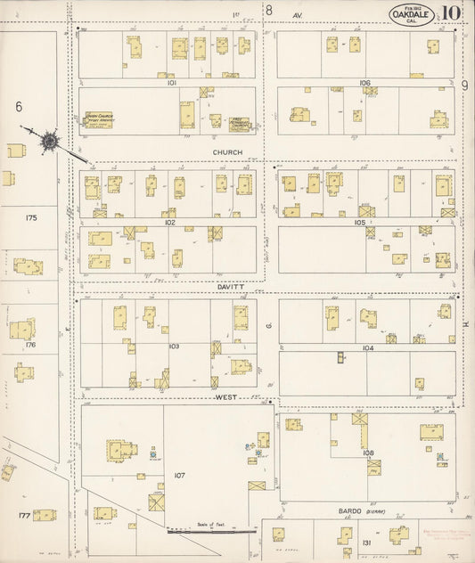 Sanborn Fire Insurance Map from Oakdale, Stanislaus County, California (1912), Sheet #0010 - Historic Sanborn Fire Insurance Map Print, vintage old map wall art, antique decor, genealogy gift, California California map