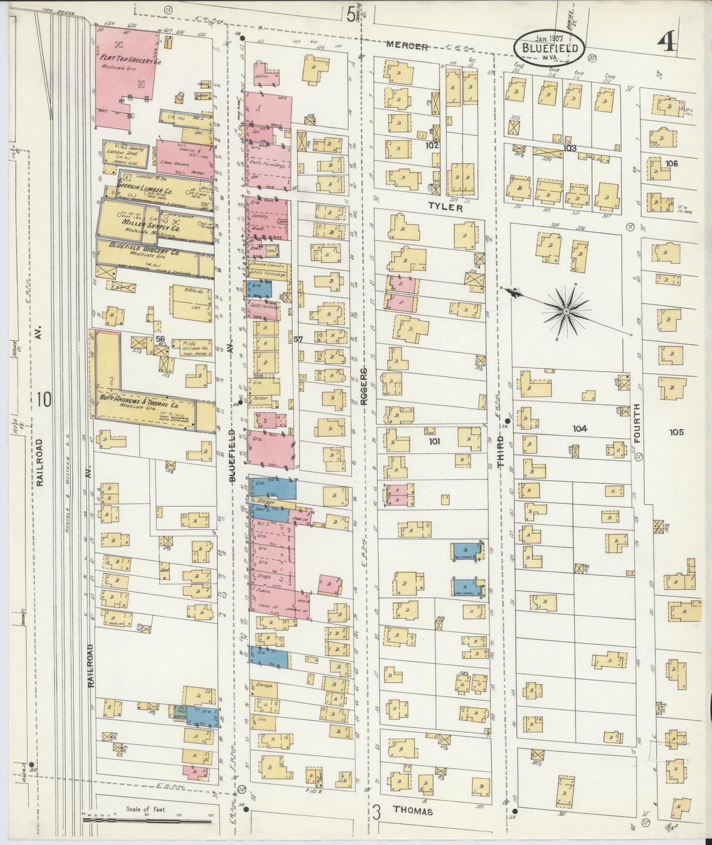 Sanborn Fire Insurance Map from Bluefield, Mercer County, West Virginia (1907), Sheet #0004 - Complete Map Set gallery image, historic Sanborn map, vintage wall art, West Virginia West Virginia