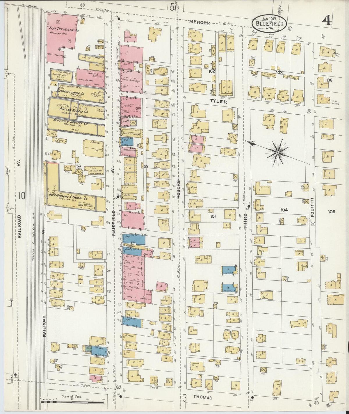 Sanborn Fire Insurance Map from Bluefield, Mercer County, West Virginia (1907), Sheet #0004 - Complete Map Set gallery image, historic Sanborn map, vintage wall art, West Virginia West Virginia