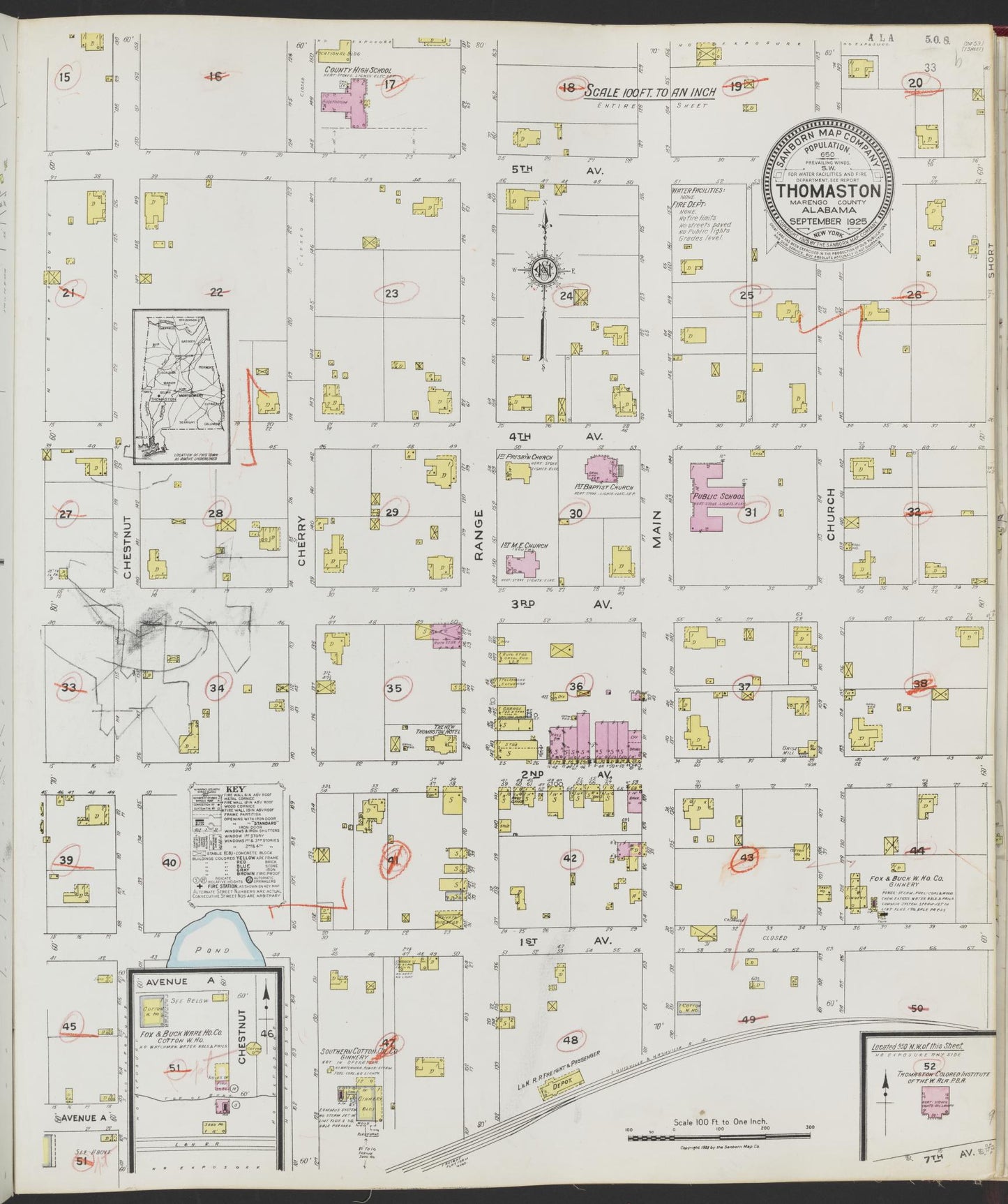 Sanborn Fire Insurance Map from Thomaston, Marengo County, Alabama (1925), Sheet #0001 - Complete Map Set gallery image, historic Sanborn map, vintage wall art, Alabama Alabama