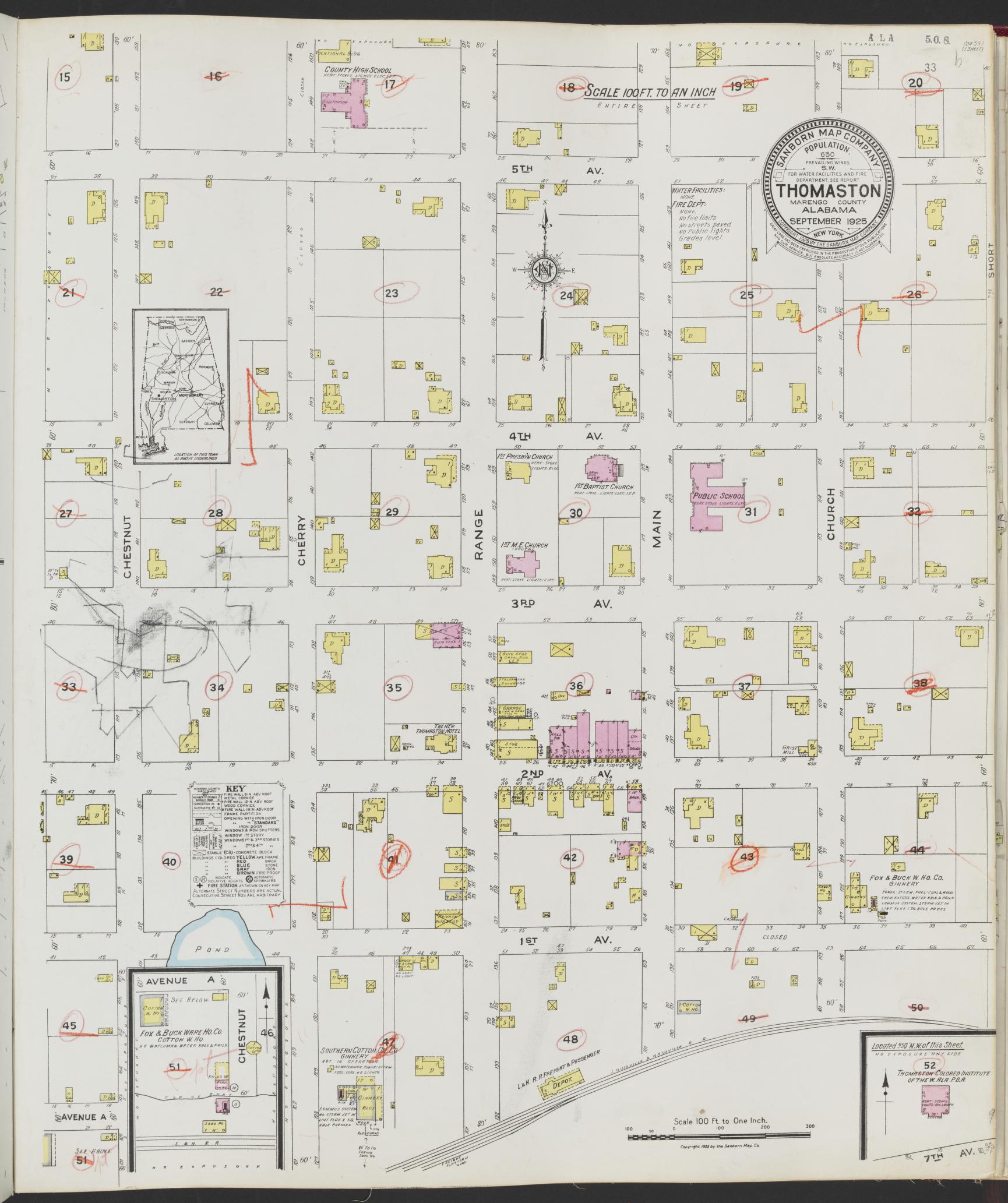 Sanborn Fire Insurance Map from Thomaston, Marengo County, Alabama (1925), Sheet #0001 - Complete Map Set gallery image, historic Sanborn map, vintage wall art, Alabama Alabama