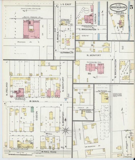 Sanborn Fire Insurance Map from Greensburg, Decatur County, Indiana (1897), Sheet #0005 - Historic Sanborn Fire Insurance Map Print, vintage old map wall art, antique decor, genealogy gift, Indiana Indiana map