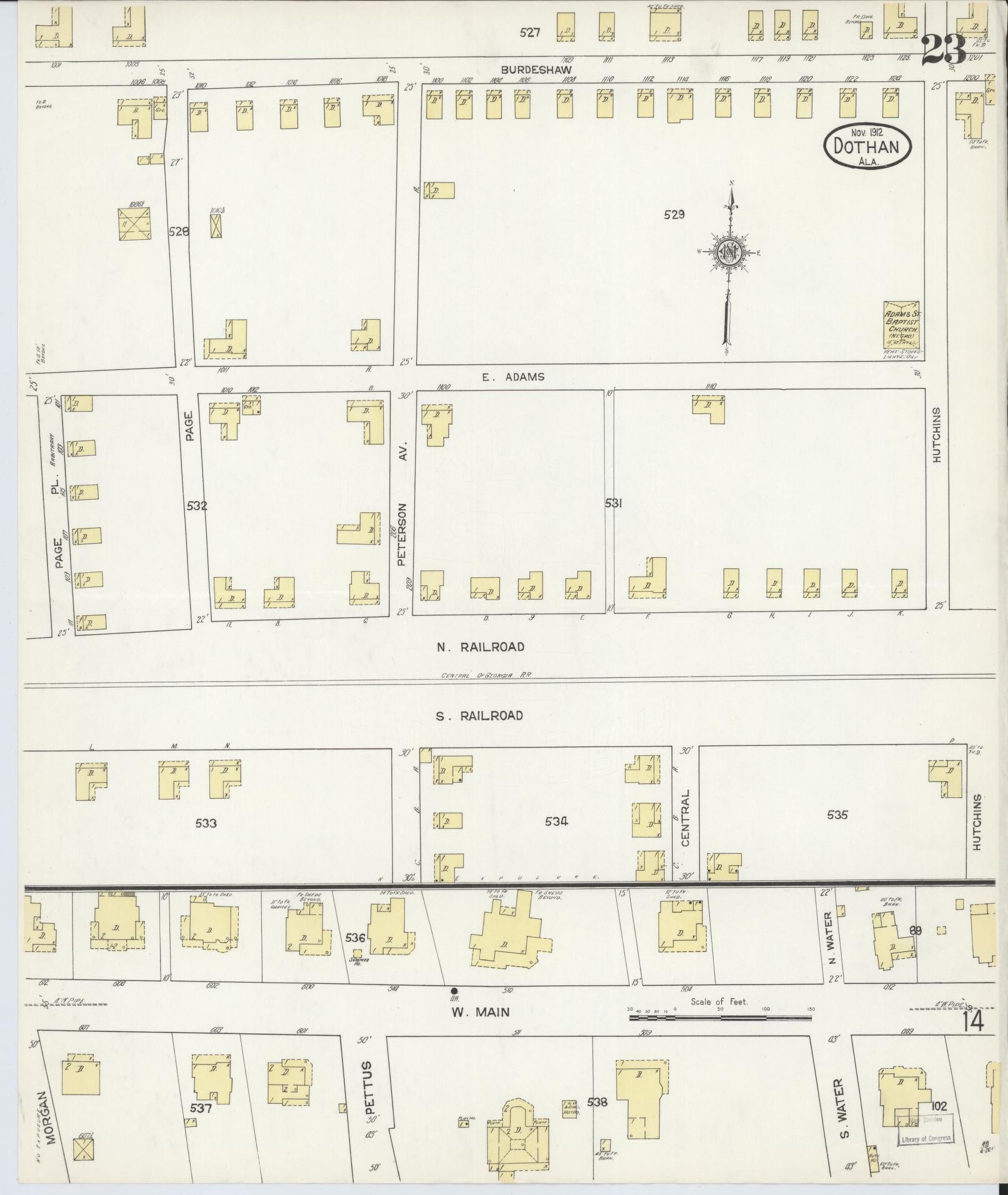 Sanborn Fire Insurance Map from Dothan, Houston County, Alabama (1912), Sheet #0023 - Historic Sanborn Fire Insurance Map Print, vintage old map wall art, antique decor, genealogy gift, Alabama Alabama map