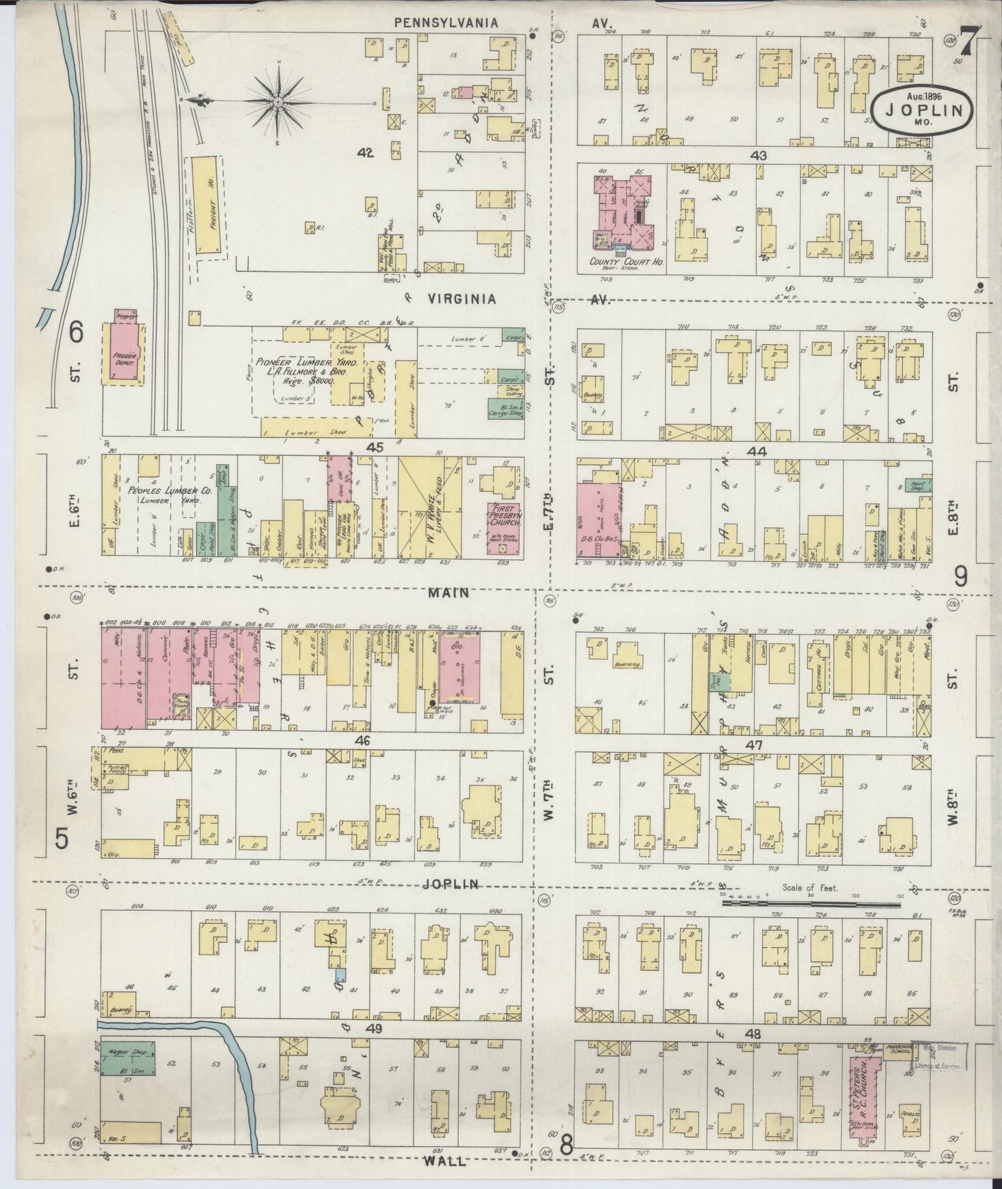 Sanborn Fire Insurance Map from Joplin, Jasper County, Missouri (1896), Sheet #0007 - Historic Sanborn Fire Insurance Map Print, vintage old map wall art, antique decor, genealogy gift, Missouri Missouri map