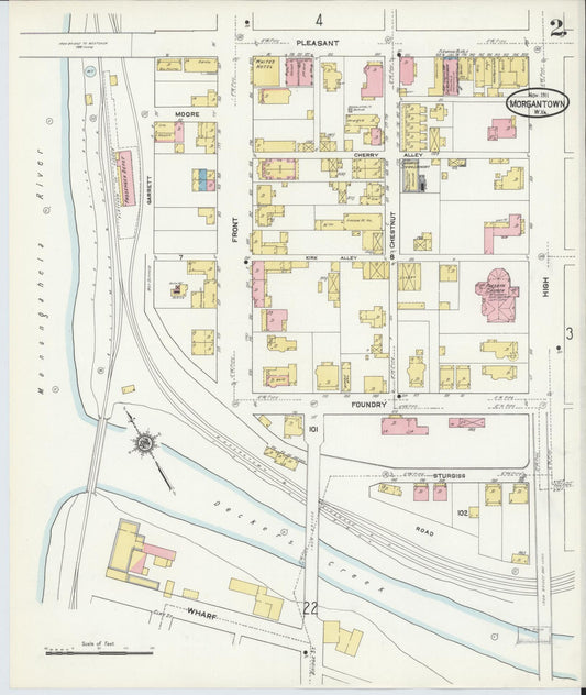 Sanborn Fire Insurance Map from Morgantown, Monongalia County, West Virginia (1911), Sheet #0002 - Historic Sanborn Fire Insurance Map Print, vintage old map wall art, antique decor, genealogy gift, West Virginia West Virginia map