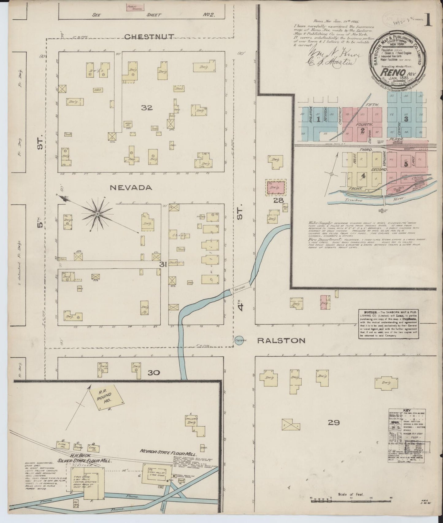 Sanborn Fire Insurance Map from Reno, Washoe County, Nevada (1885), Sheet #0001 - Historic Sanborn Fire Insurance Map Print, vintage old map wall art, antique decor, genealogy gift, Nevada Nevada map