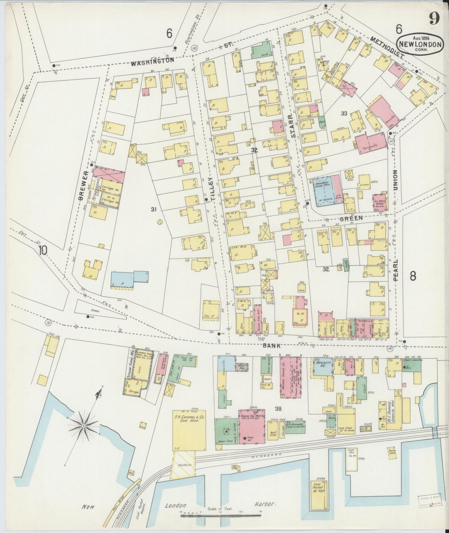 Sanborn Fire Insurance Map from New London, New London County, Connecticut (1896), Sheet #0009 - Complete Map Set gallery image, historic Sanborn map, vintage wall art, Connecticut Connecticut