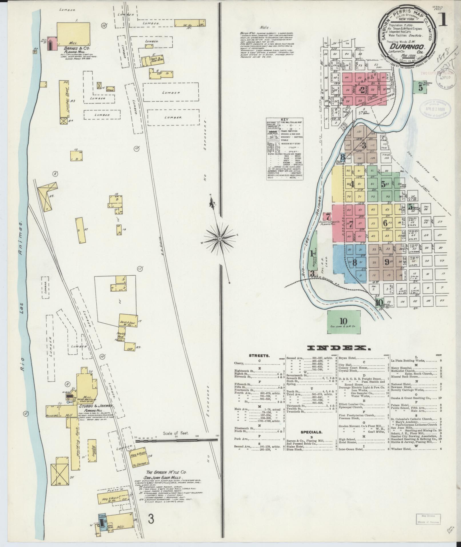 Sanborn Fire Insurance Map from Durango, La Plata County, Colorado (1898), Sheet #0001 - Historic Sanborn Fire Insurance Map Print, vintage old map wall art, antique decor, genealogy gift, Colorado Colorado map