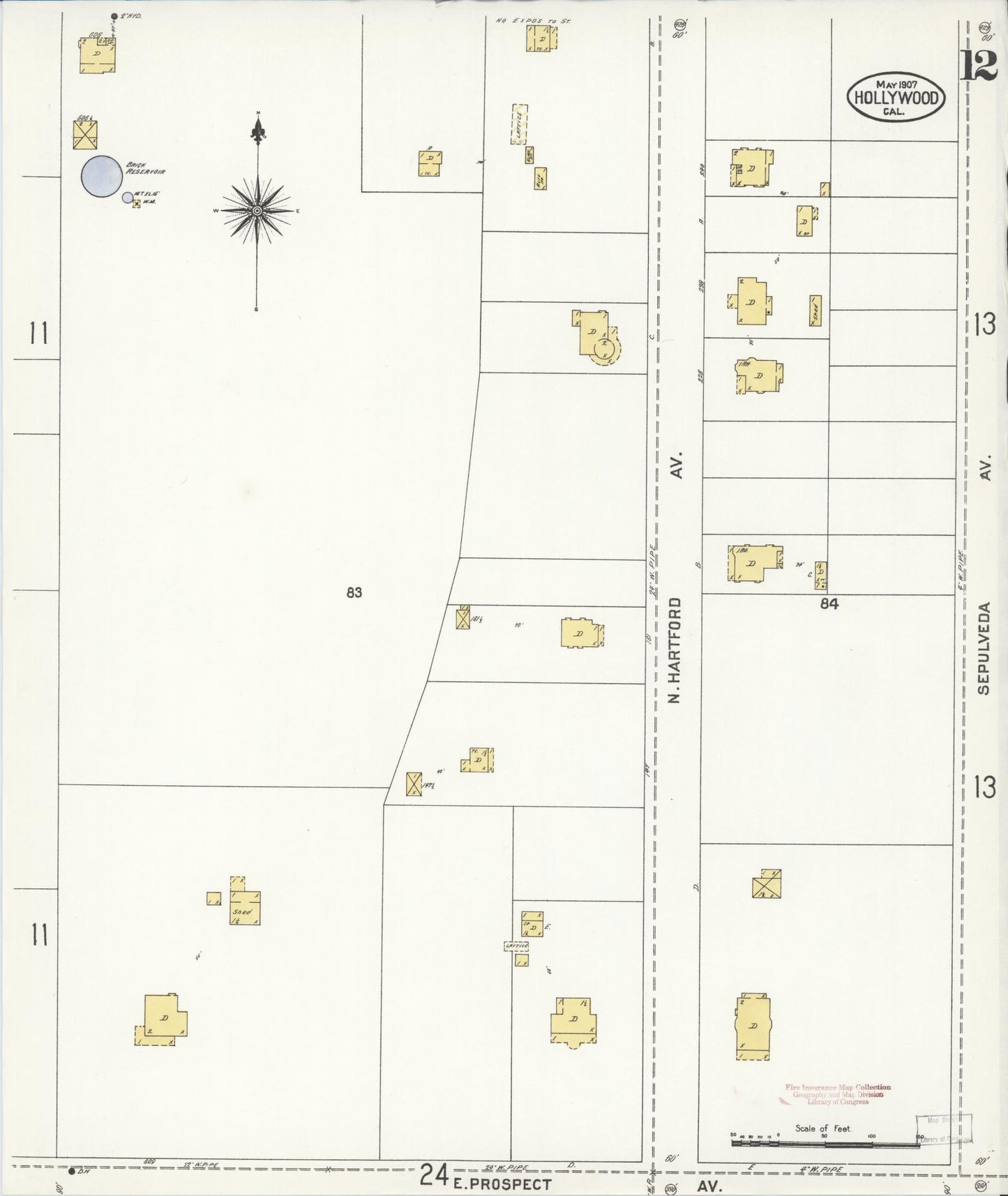 Sanborn Fire Insurance Map from Hollywood, Los Angeles County, California (1907), Sheet #0012 - Complete Map Set gallery image, historic Sanborn map, vintage wall art, California California