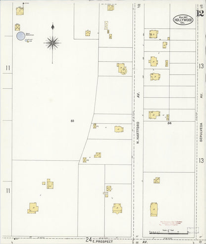 Sanborn Fire Insurance Map from Hollywood, Los Angeles County, California (1907), Sheet #0012 - Complete Map Set gallery image, historic Sanborn map, vintage wall art, California California