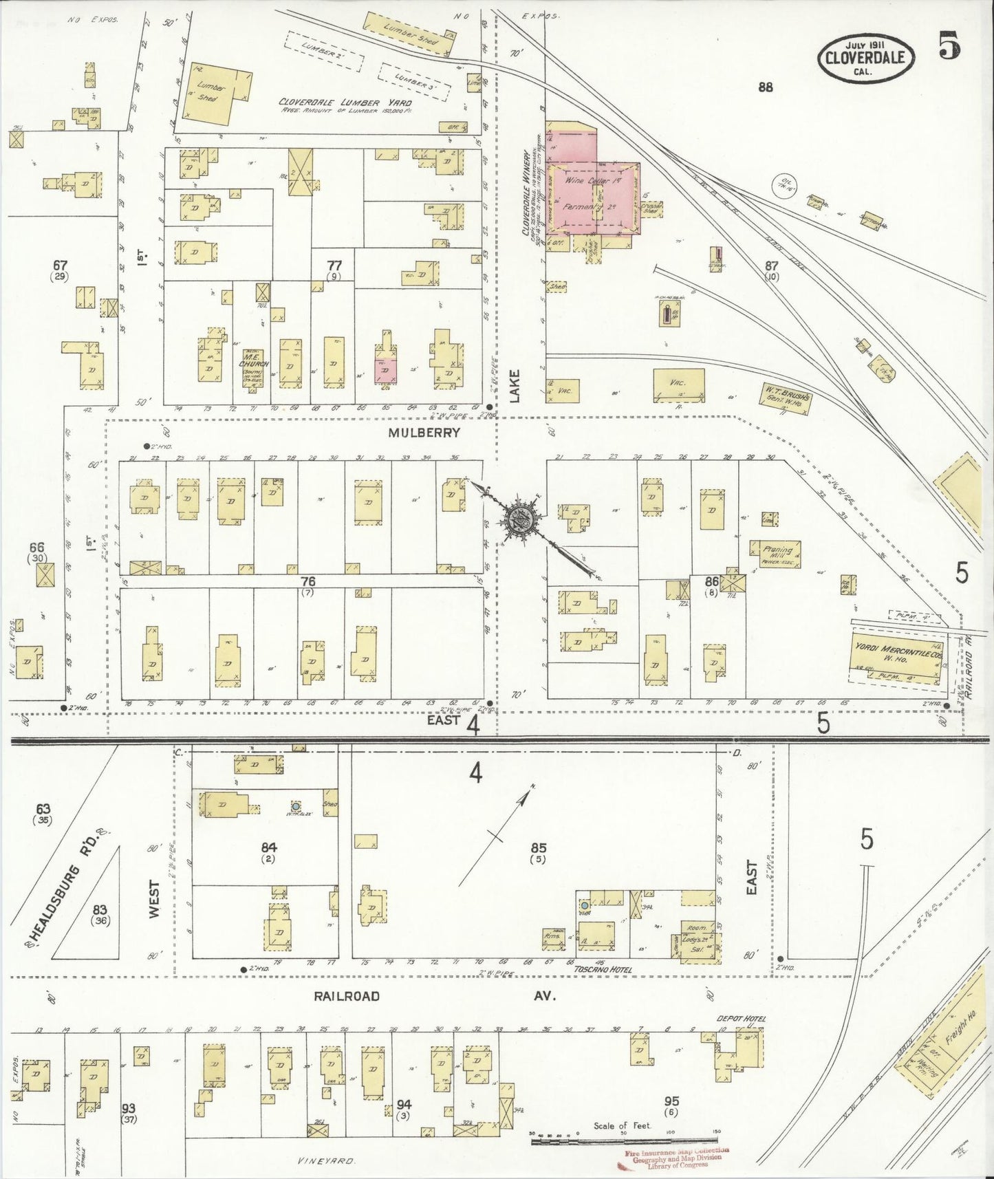 Sanborn Fire Insurance Map from Cloverdale, Sonoma County, California (1911), Sheet #0005 - Complete Map Set gallery image, historic Sanborn map, vintage wall art, California California