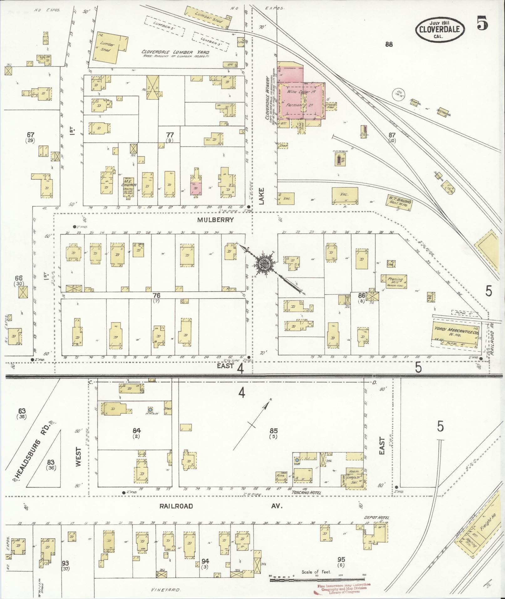 Sanborn Fire Insurance Map from Cloverdale, Sonoma County, California (1911), Sheet #0005 - Complete Map Set gallery image, historic Sanborn map, vintage wall art, California California