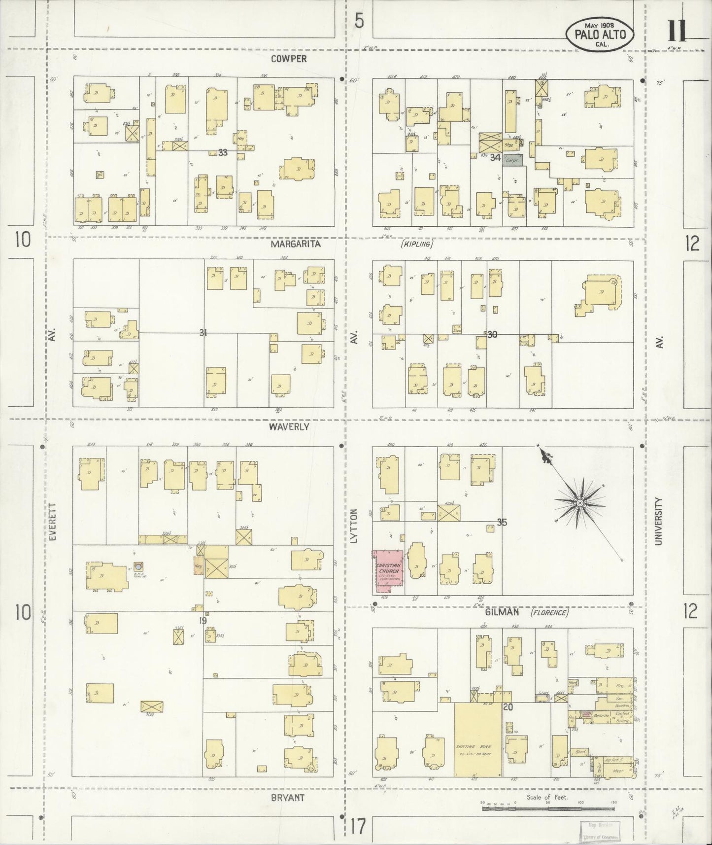 Sanborn Fire Insurance Map from Palo Alto, Santa Clara County, California (1908), Sheet #0011 - Complete Map Set gallery image, historic Sanborn map, vintage wall art, California California