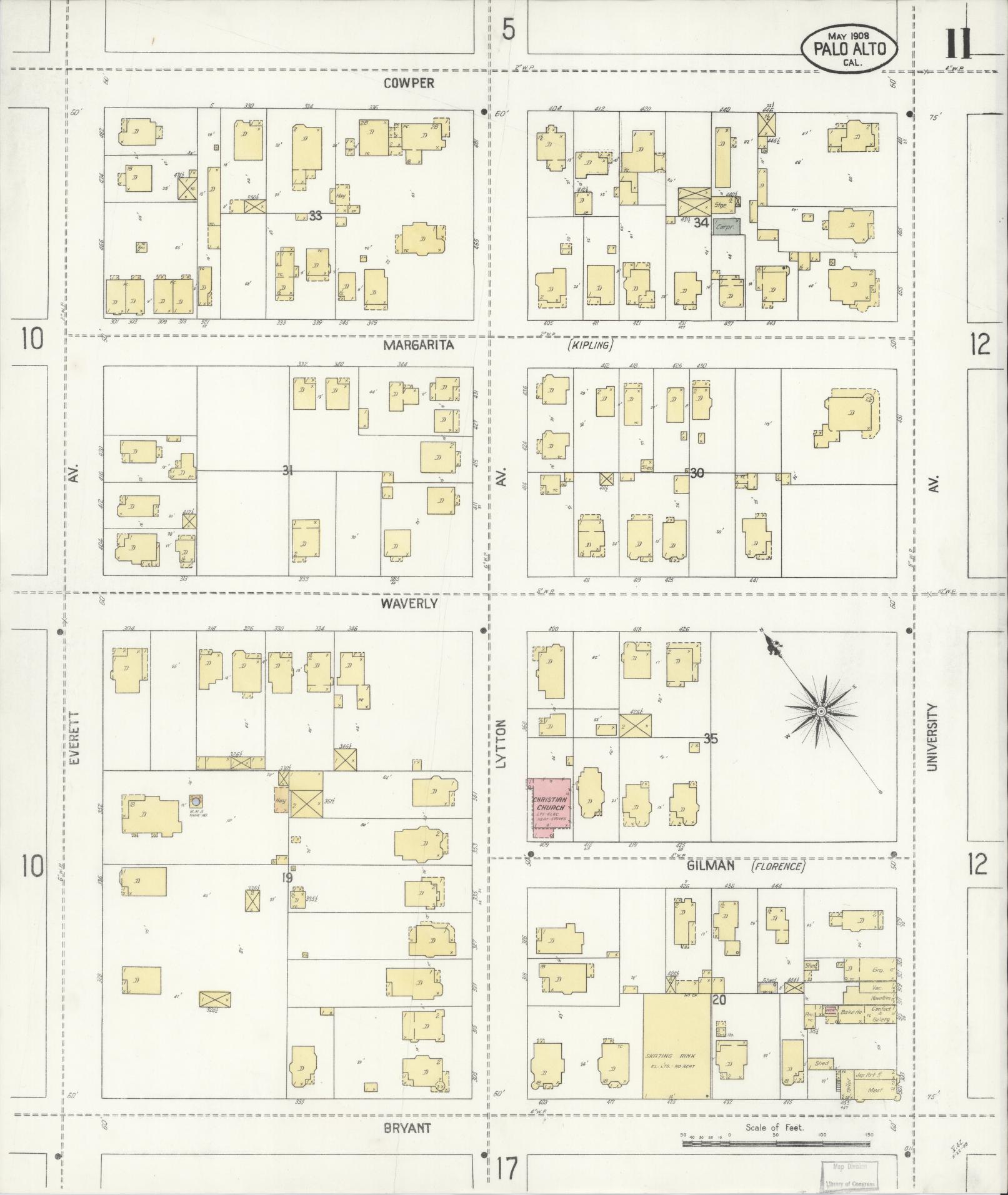 Sanborn Fire Insurance Map from Palo Alto, Santa Clara County, California (1908), Sheet #0011 - Complete Map Set gallery image, historic Sanborn map, vintage wall art, California California
