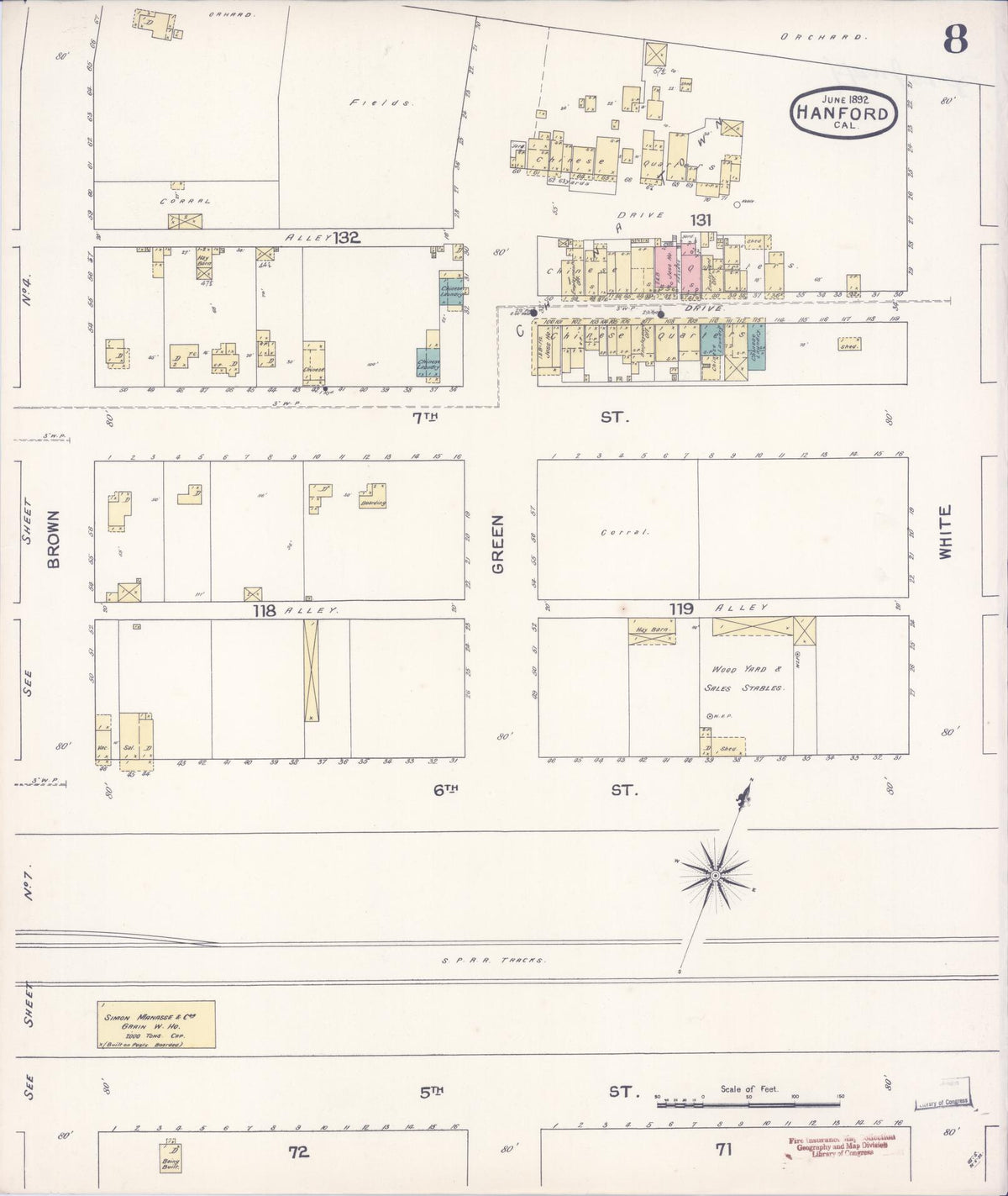 Sanborn Fire Insurance Map from Hanford, Kings County, California (1892), Sheet #0008 - Complete Map Set gallery image, historic Sanborn map, vintage wall art, California California