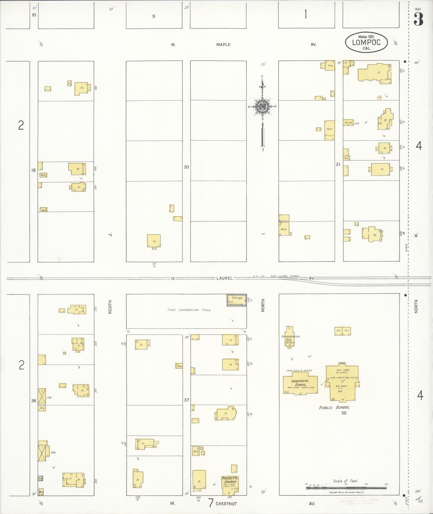 Sanborn Fire Insurance Map from Lompoc, Santa Barbara County, California (1921), Sheet #0003 - Historic Sanborn Fire Insurance Map Print, vintage old map wall art, antique decor, genealogy gift, California California map