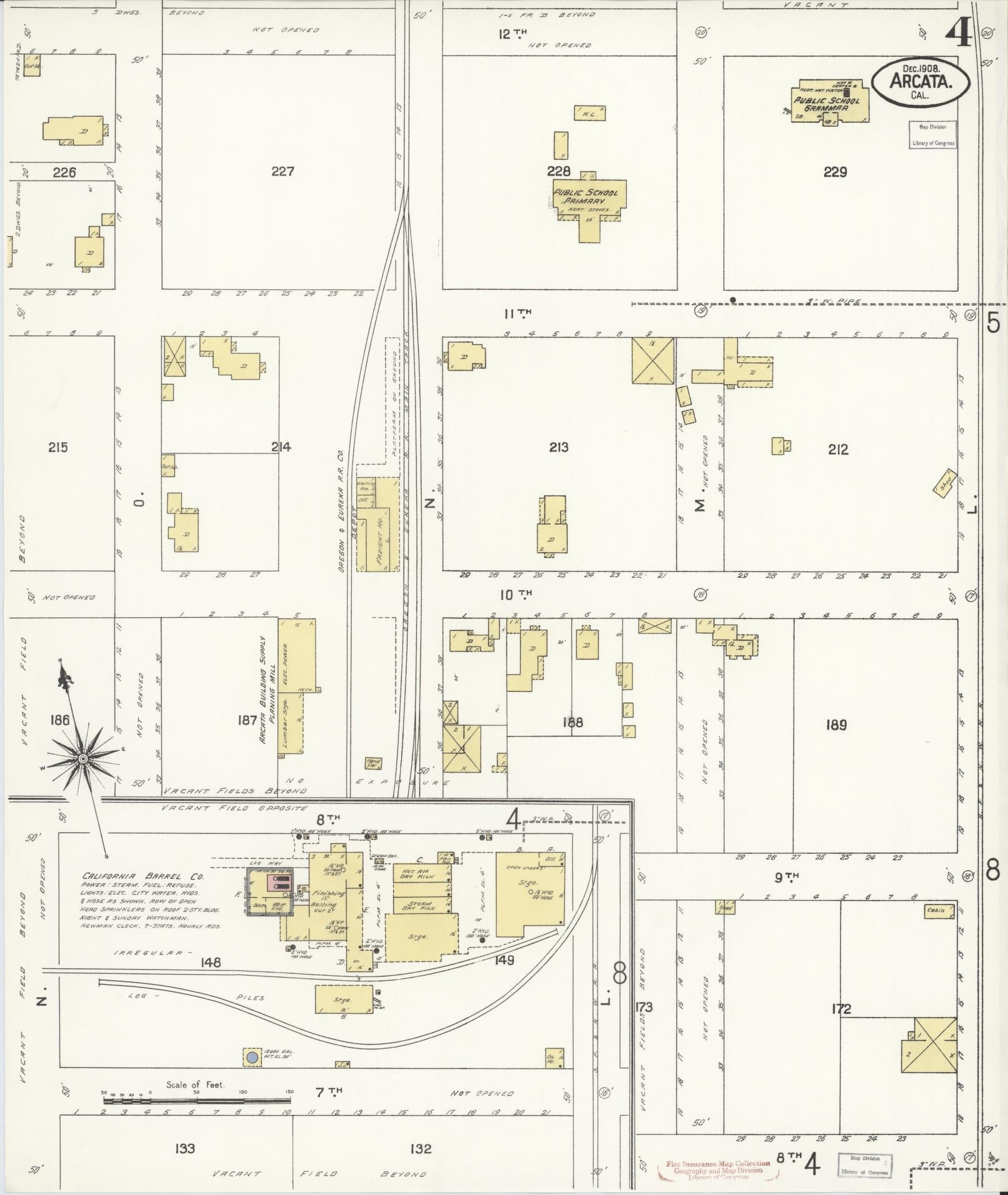 Sanborn Fire Insurance Map from Arcata, Humboldt County, California (1908), Sheet #0004 - Historic Sanborn Fire Insurance Map Print, vintage old map wall art, antique decor, genealogy gift, California California map