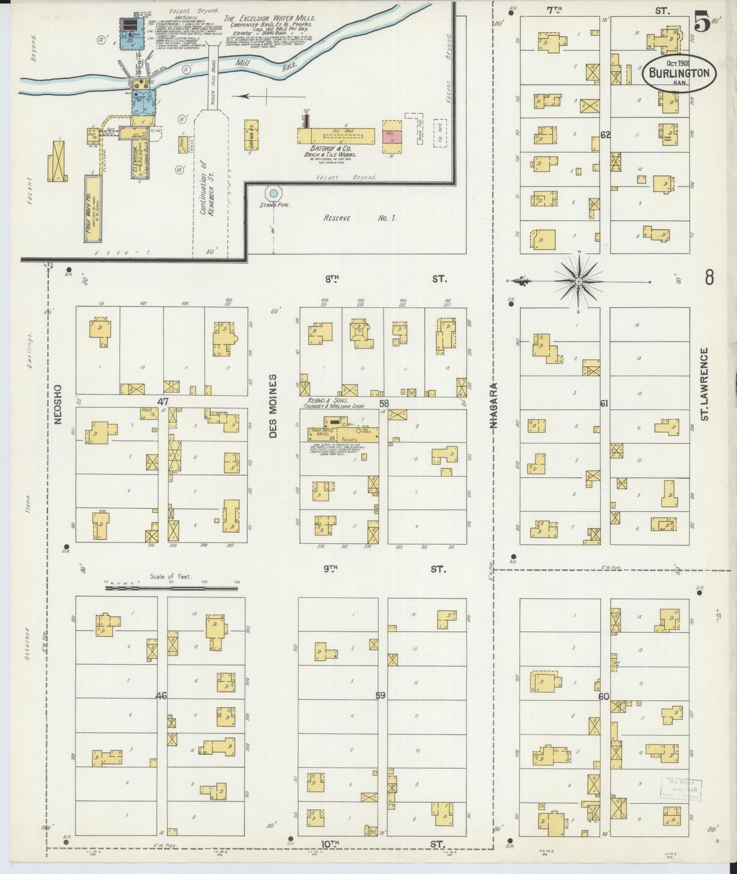 Sanborn Fire Insurance Map from Burlington, Coffey County, Kansas (1901), Sheet #0005 - Complete Map Set gallery image, historic Sanborn map, vintage wall art, Kansas Kansas