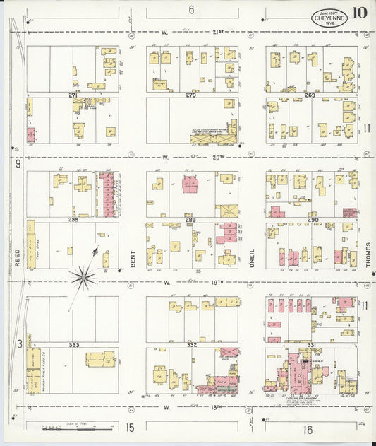 Sanborn Fire Insurance Map from Cheyenne, Laramie County, Wyoming (1907), Sheet #0010 - Historic Sanborn Fire Insurance Map Print, vintage old map wall art, antique decor, genealogy gift, Wyoming Wyoming map