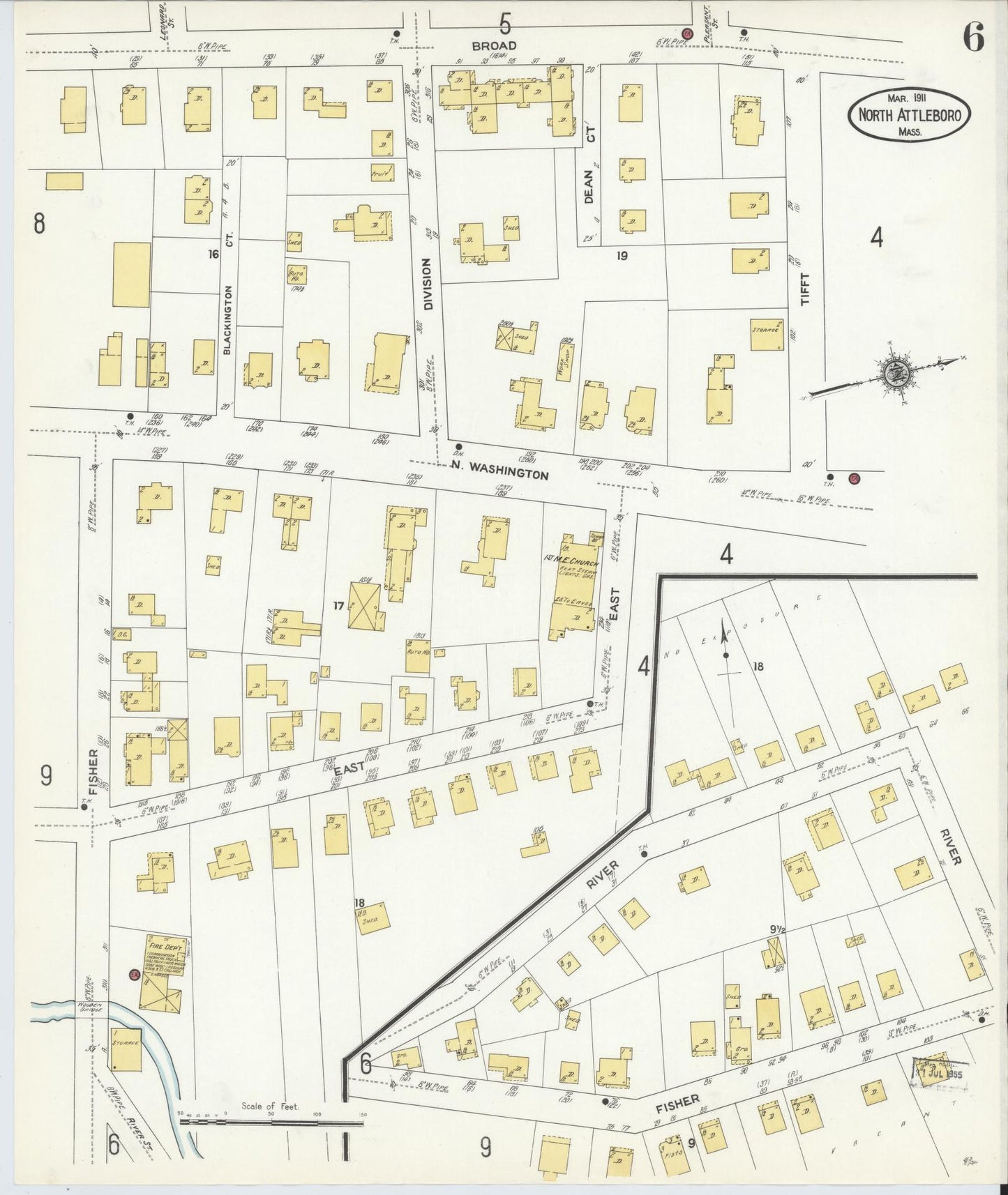 Sanborn Fire Insurance Map from North Attleborough, Bristol County, Massachusetts (1911), Sheet #0006 - Historic Sanborn Fire Insurance Map Print, vintage old map wall art, antique decor, genealogy gift, Massachusetts Massachusetts map