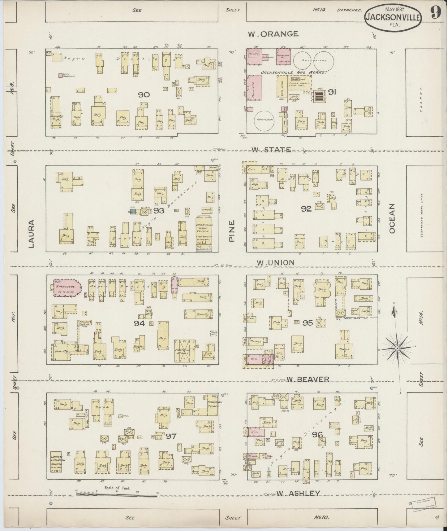 Sanborn Fire Insurance Map from Jacksonville, Duval County, Florida (1887), Sheet #0009 - Historic Sanborn Fire Insurance Map Print, vintage old map wall art, antique decor, genealogy gift, Florida Florida map