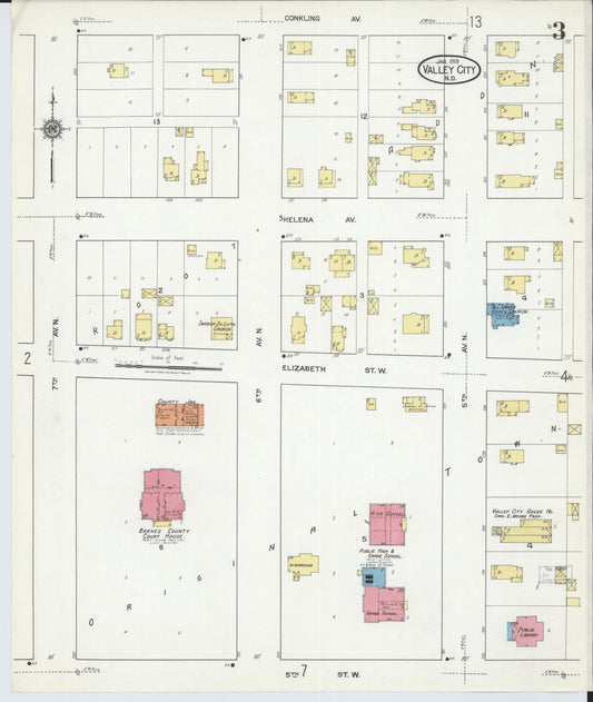 Sanborn Fire Insurance Map from Valley City, Barnes County, North Dakota (1919), Sheet #0003 - Historic Sanborn Fire Insurance Map Print, vintage old map wall art, antique decor, genealogy gift, North Dakota North Dakota map