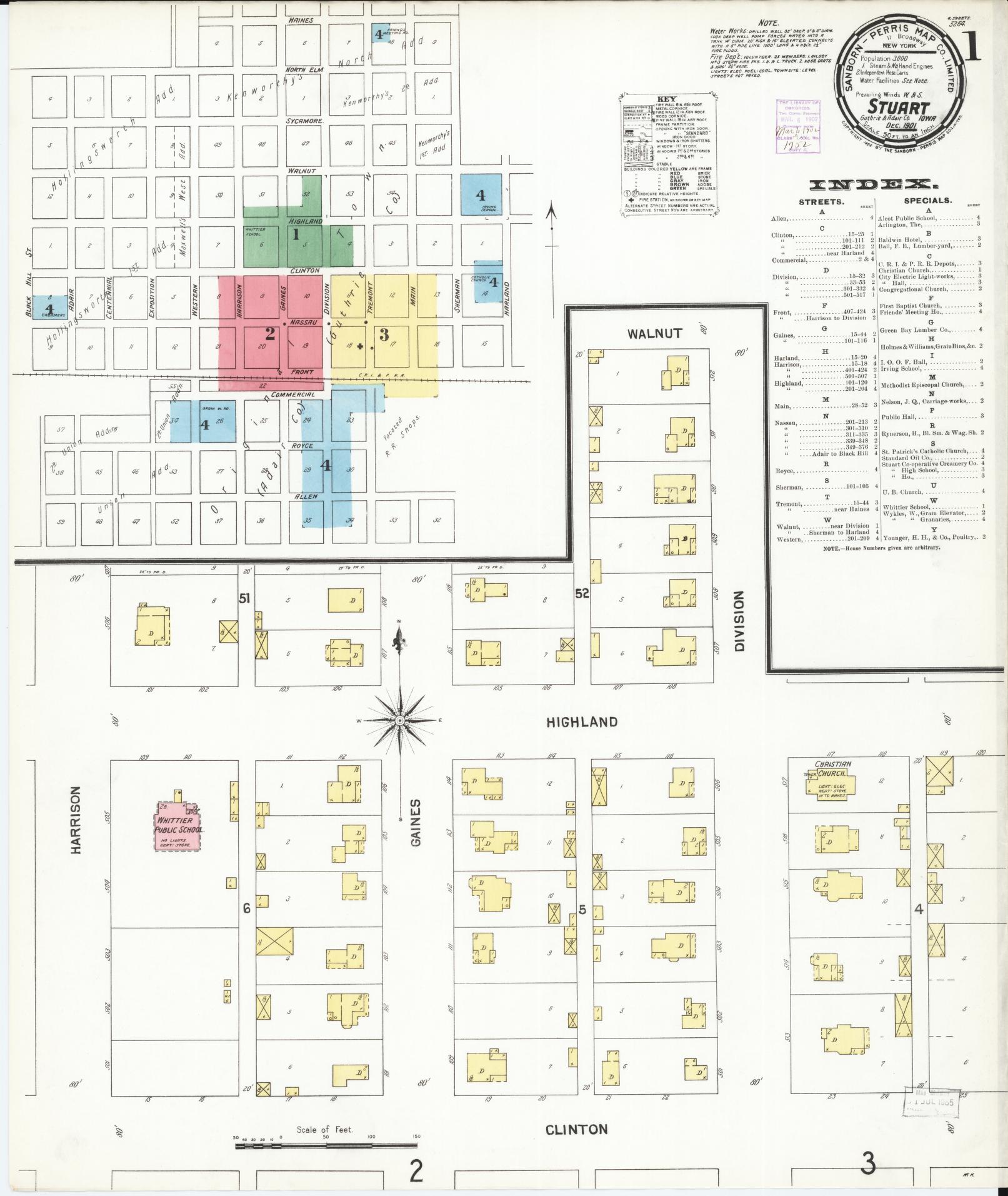Sanborn Fire Insurance Map from Stuart, Guthrie and Adair Counties, Iowa (1901), Sheet #0001 - Historic Sanborn Fire Insurance Map Print, vintage old map wall art