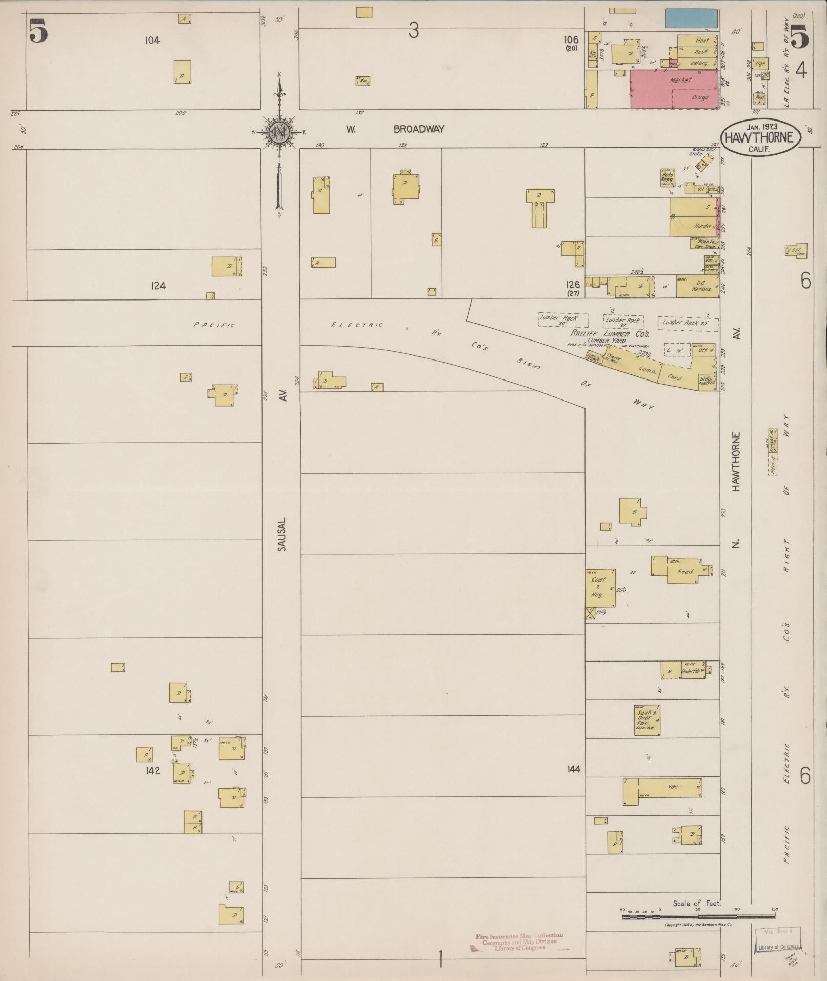Sanborn Fire Insurance Map from Hawthorne, Los Angeles County, California (1923), Sheet #0005 - Historic Sanborn Fire Insurance Map Print, vintage old map wall art, antique decor, genealogy gift, California California map
