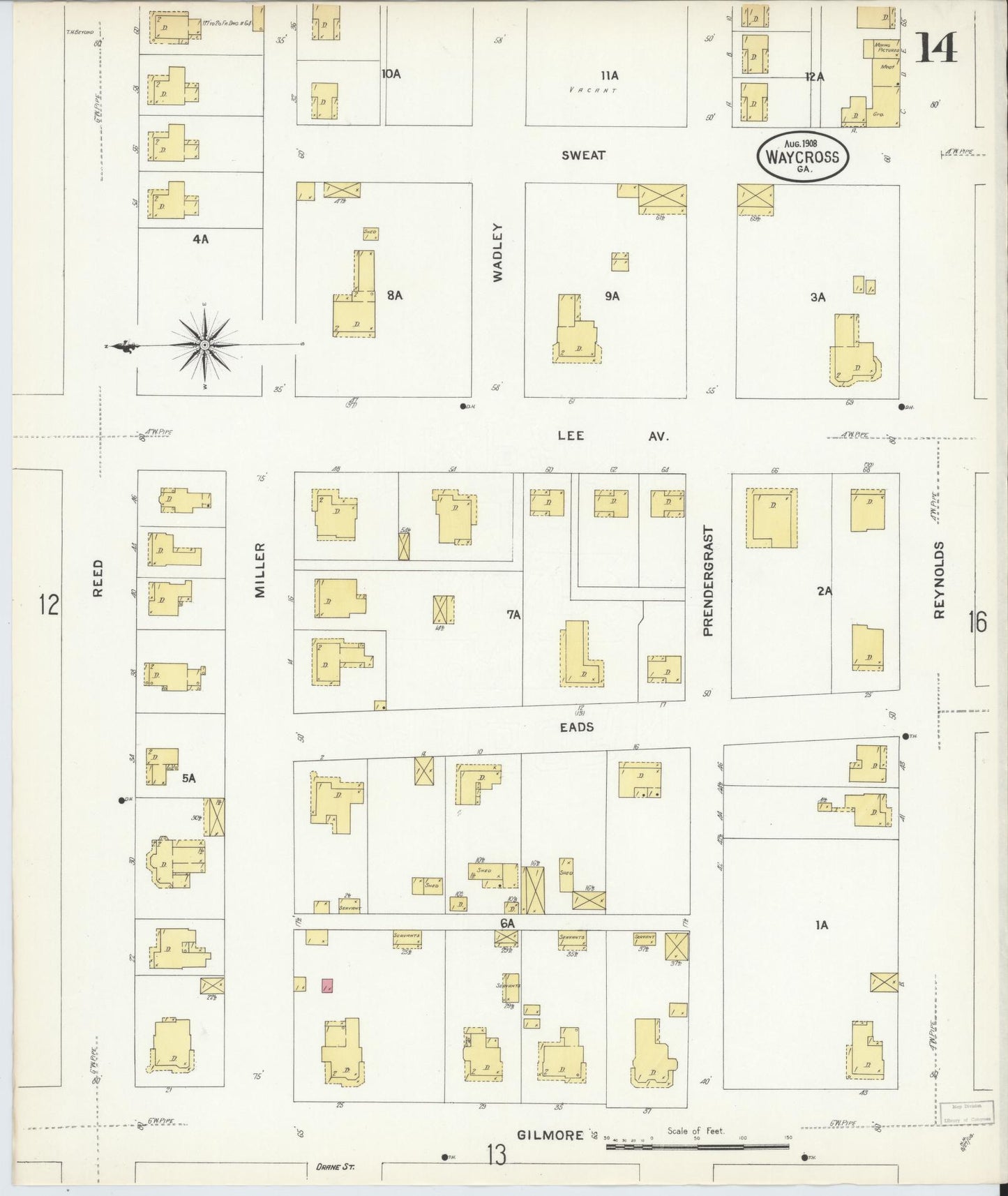 Sanborn Fire Insurance Map from Waycross, Ware County, Georgia (1908), Sheet #0014 - Historic Sanborn Fire Insurance Map Print, vintage old map wall art, antique decor, genealogy gift, Georgia Georgia map
