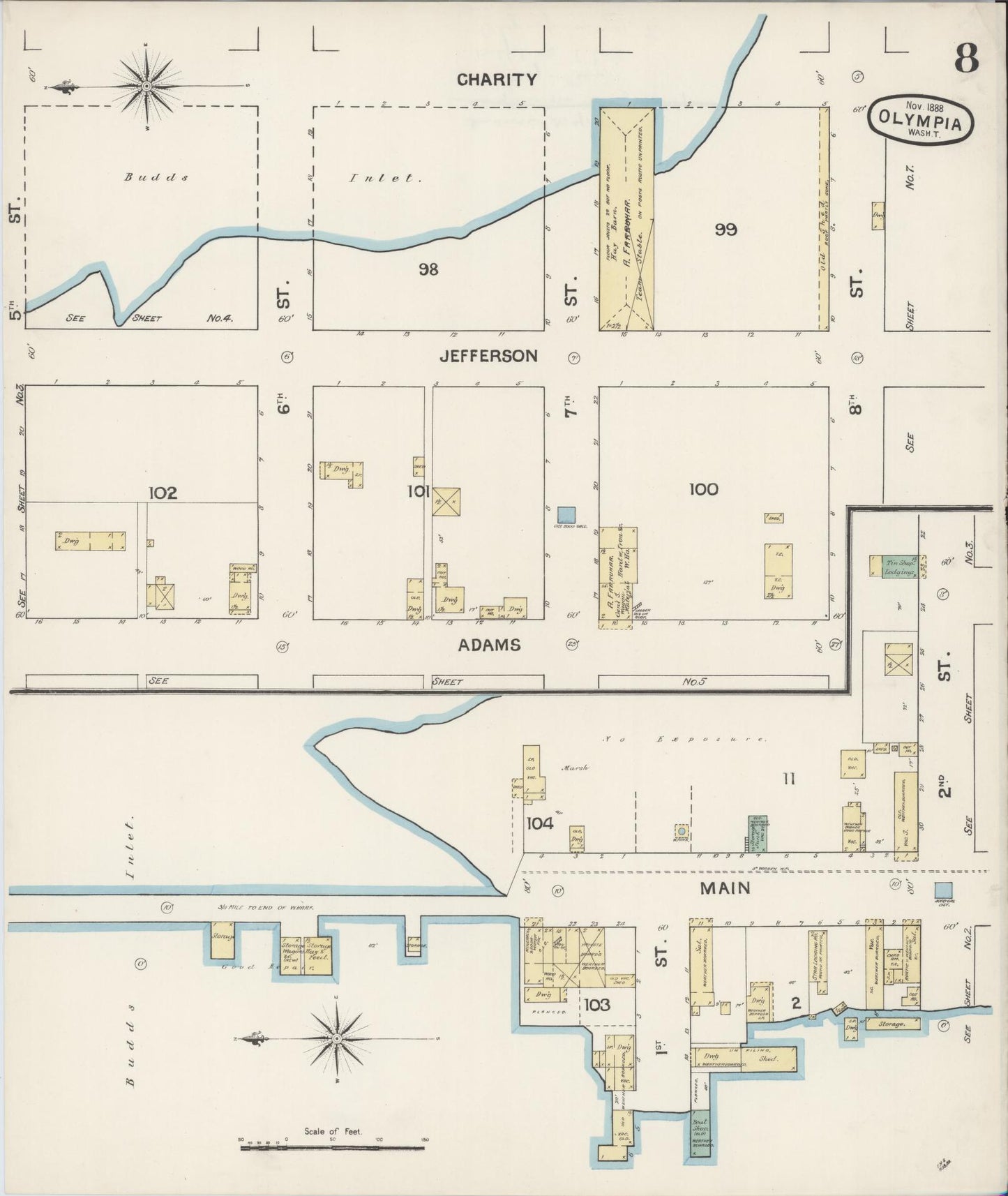 Sanborn Fire Insurance Map from Olympia, Thurston County, Washington (1888), Sheet #0008 - Complete Map Set gallery image, historic Sanborn map, vintage wall art, Washington Washington